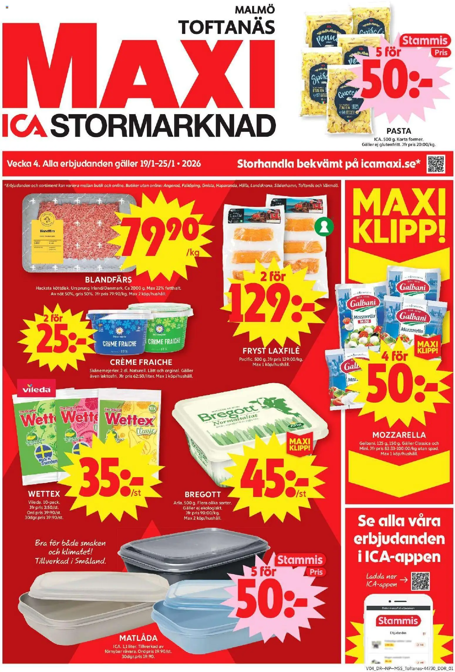 ICA Maxi reklamblad aktuell från 19.01.2026 | Sida: 1 | Produkter: Bregott, Blandfärs, Creme fraiche, Pasta