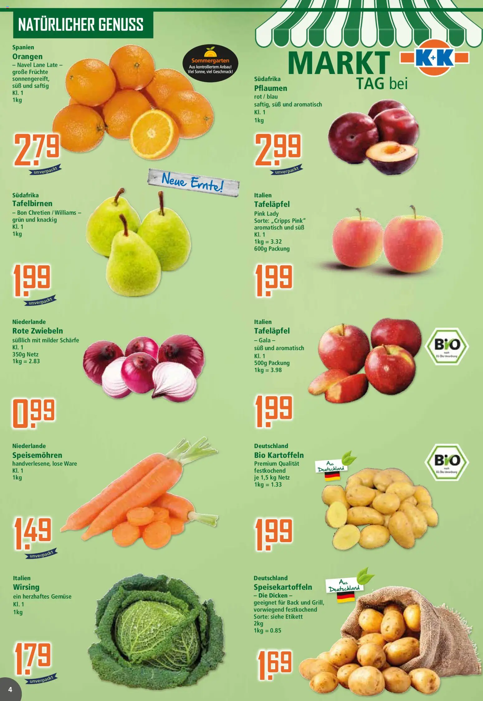 Klaas & Kock Prospekt 	 – gültig ab 23.03.2026 | Seite: 4 | Produkte: Pflaumen, Kartoffeln, Zwiebeln, Gemüse
