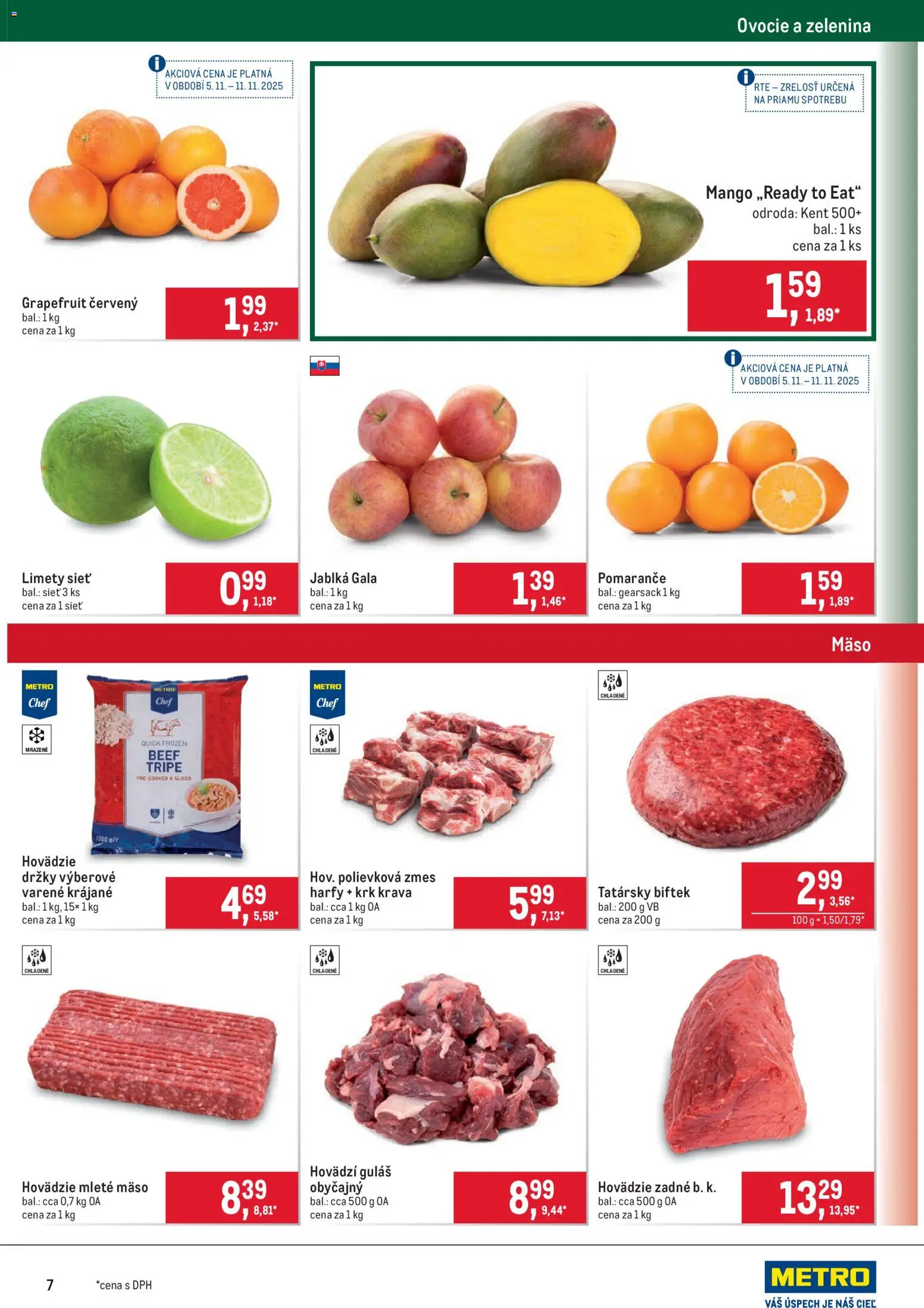 Nové Metro akcie – leták je platný od 05.11.2025 | Strana: 7 | Produkty: Pomaranče, Mango, Mleté mäso, Ovocie