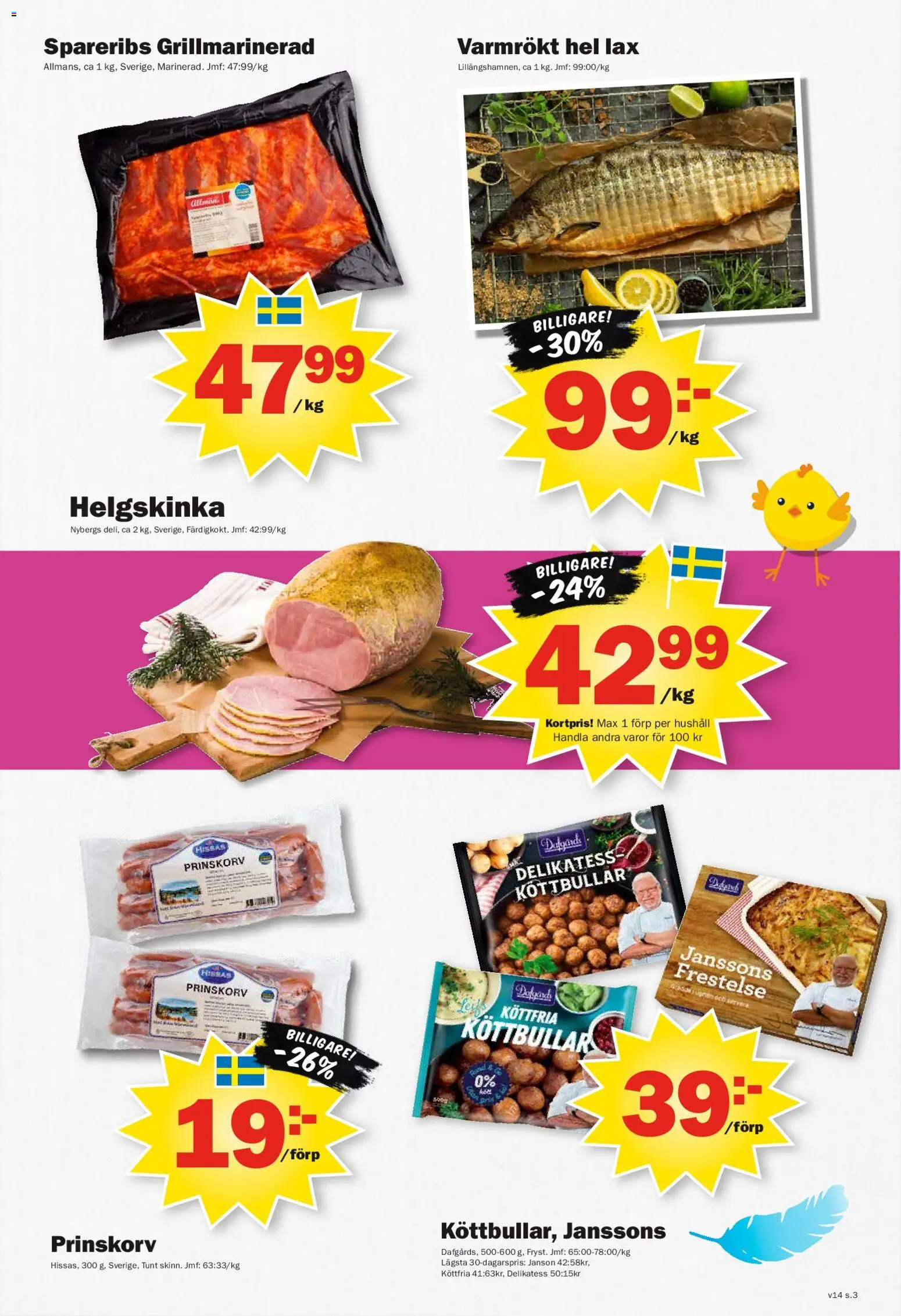 Pekås reklamblad aktuell från 30.03.2026 | Sida: 3 | Produkter: Köttbullar, Prinskorv, Lax