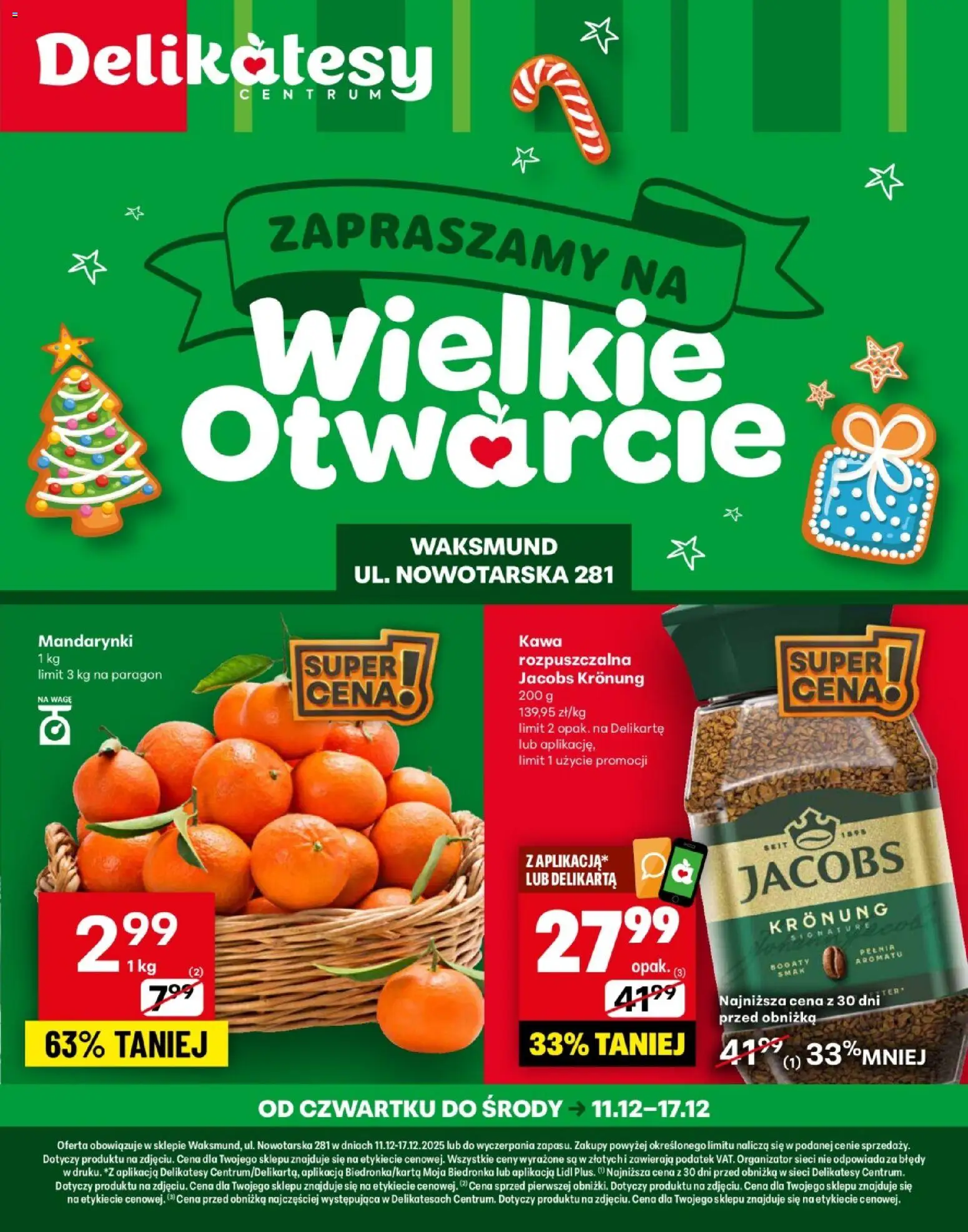 Delikatesy Centrum Gazetka - Waksmund Otwarcie od 11.12.2025 | Strona: 1 | Produkty: Delikatesy, Kawa, Mandarynki