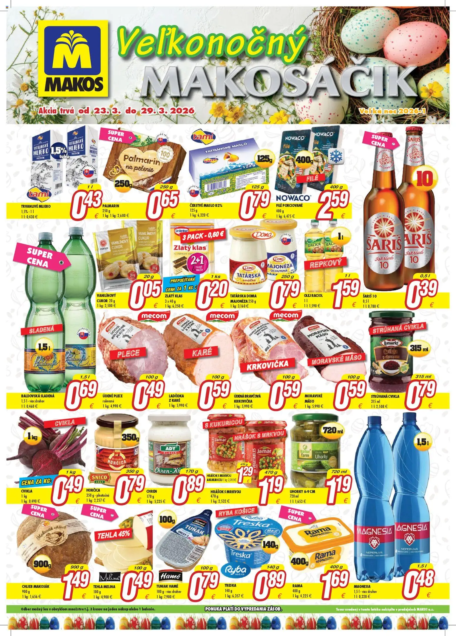 Nové Makos akcie – leták je platný od 23.03.2026 | Strana: 1 | Produkty: Palmarin, Ryba, Krkovička, Magnesia