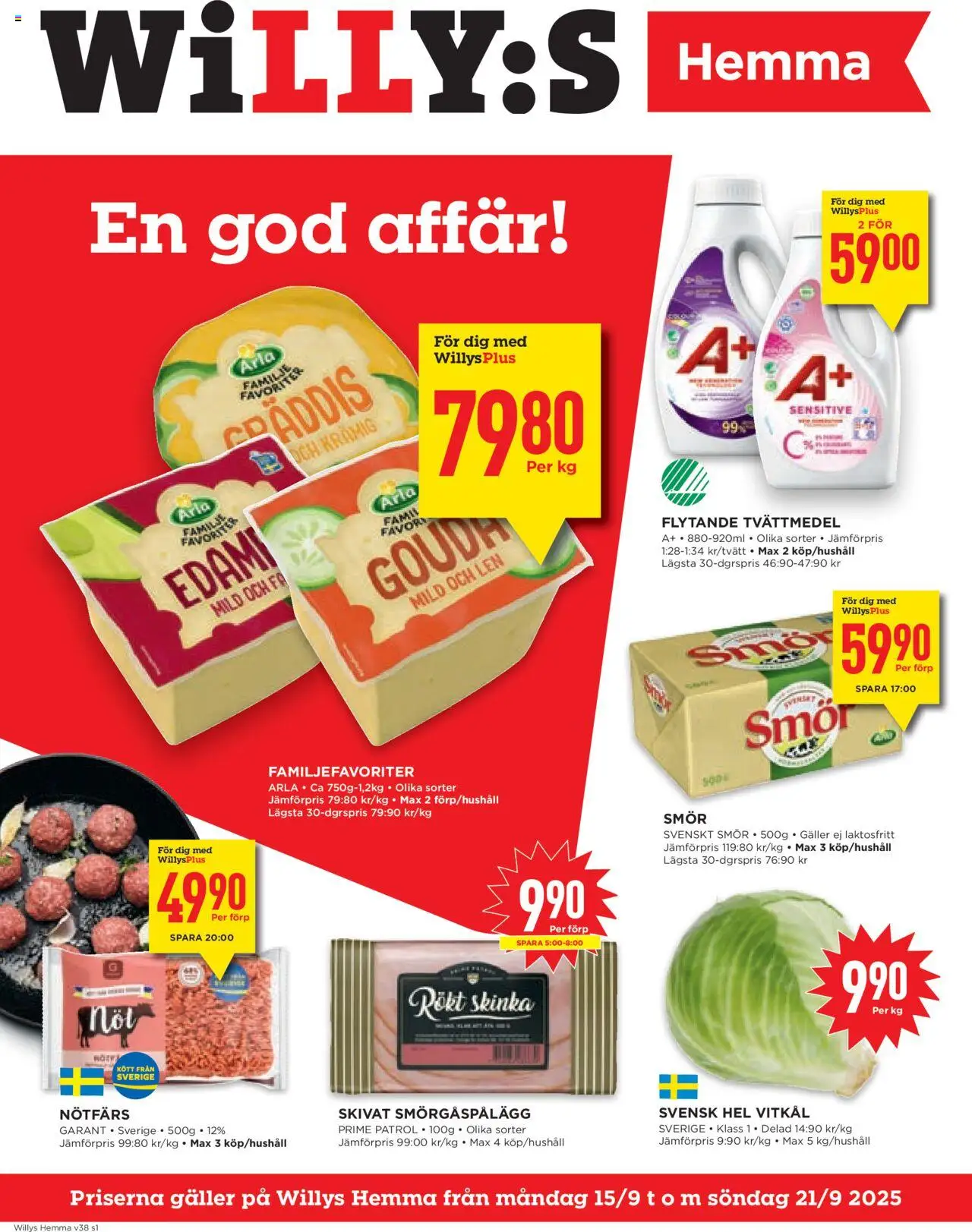 Willys reklamblad aktuell från 15.09.2025 | Sida: 1 | Produkter: Nötfärs, Vitkål, Smörgåspålägg, Smör