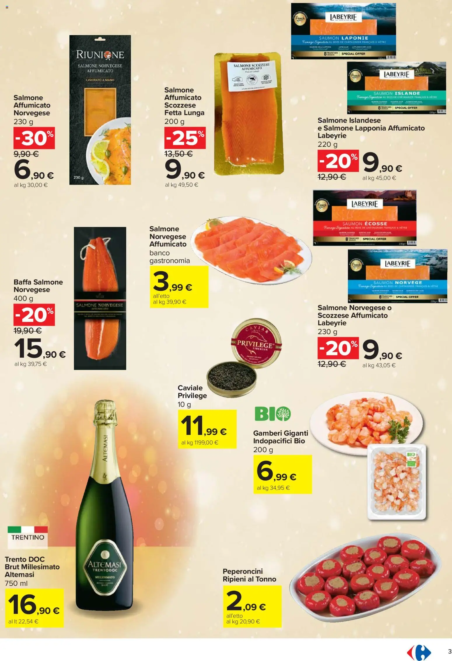 Volantino Carrefour del 27.11.2025 | Pagina: 3 | Prodotti: Salmone affumicato, Salmone, Gamberi, Tonno