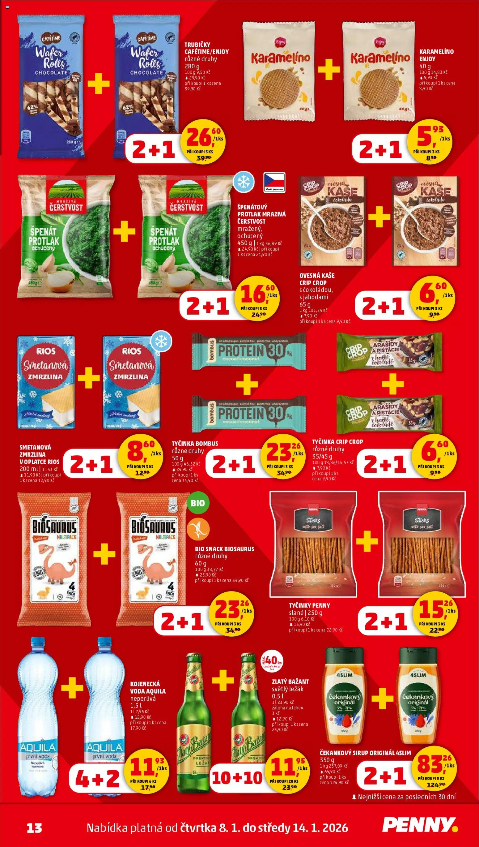 Penny Market leták - Čtvrtečník od 08.01.2026 | Strana: 13 | Produkty: Arašídy, Kaše, Protein, Kojenecká voda Aquila