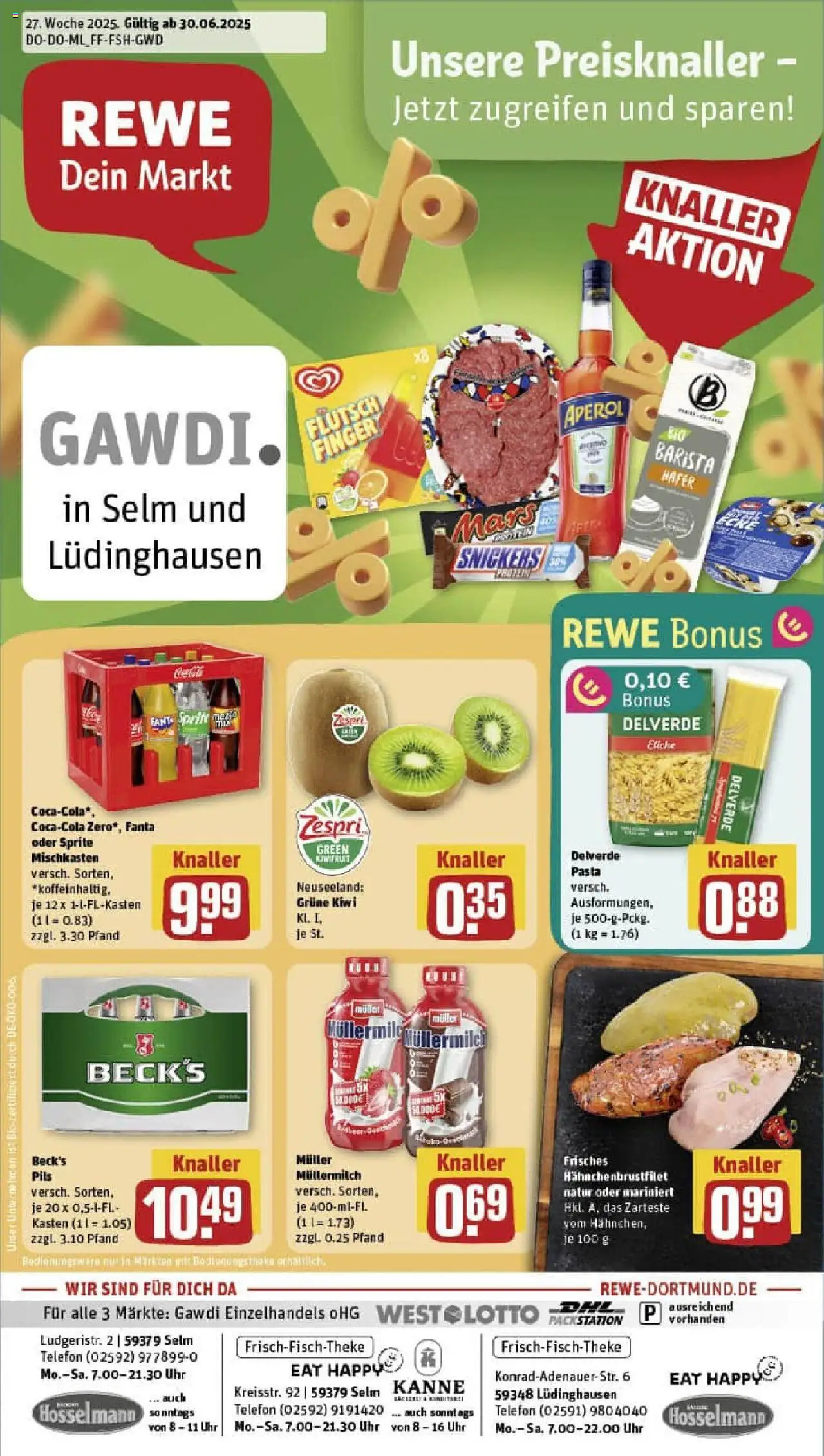 Rewe prospekt Lüdinghausen	 - gültig ab dem 29.06.2025 | Seite: 1 | Produkte: Snickers, Müllermilch, Kiwi, Uhr