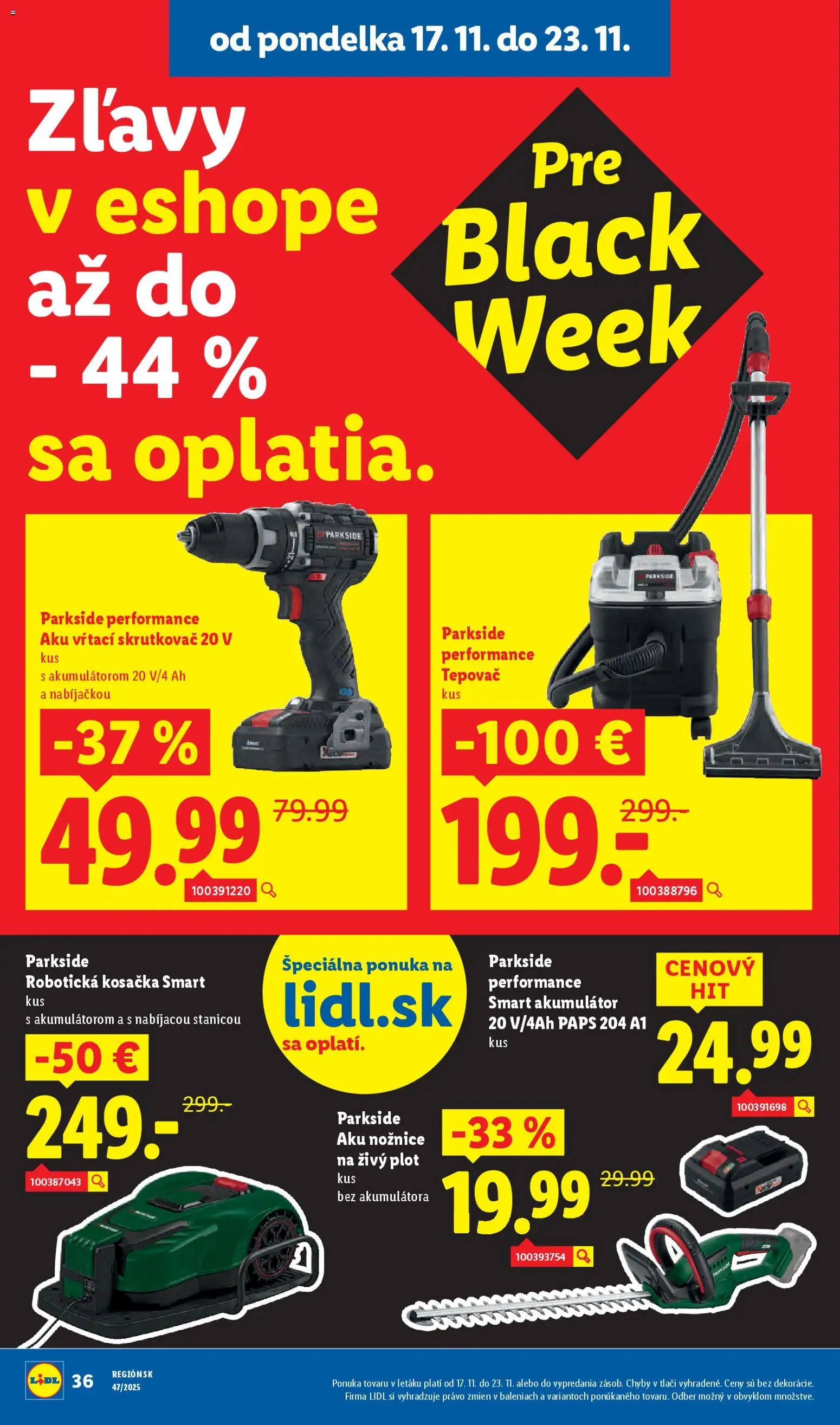 Nové Lidl akcie – leták je platný od 17.11.2025 | Strana: 50 | Produkty: Robotická kosačka, Kosačka, Skrutkovač, Nožnice na živý plot