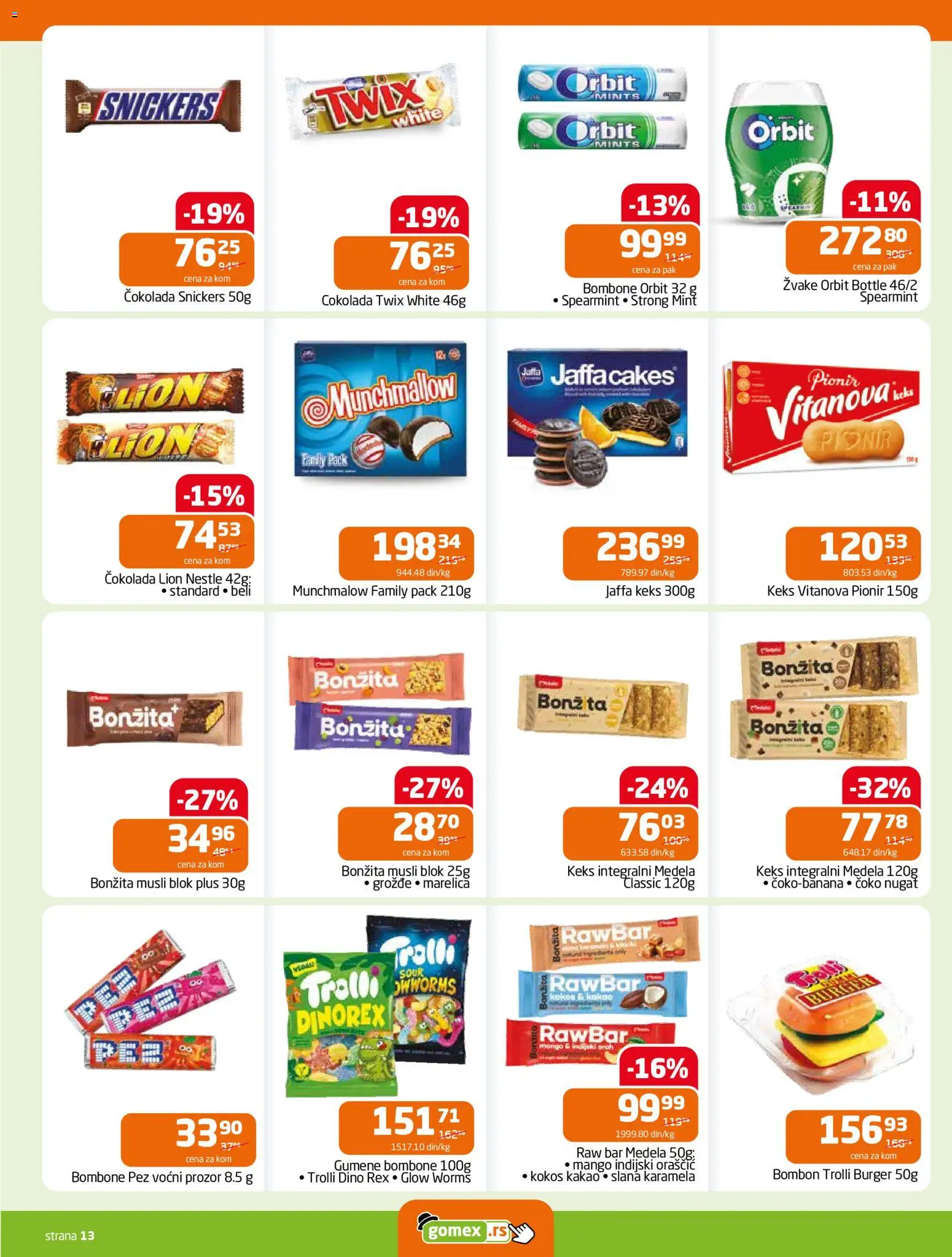Gomex katalog - važi od 03.12.2025 | Strana: 13 | Proizvode: Bombone, Keks, Burger, Orbit
