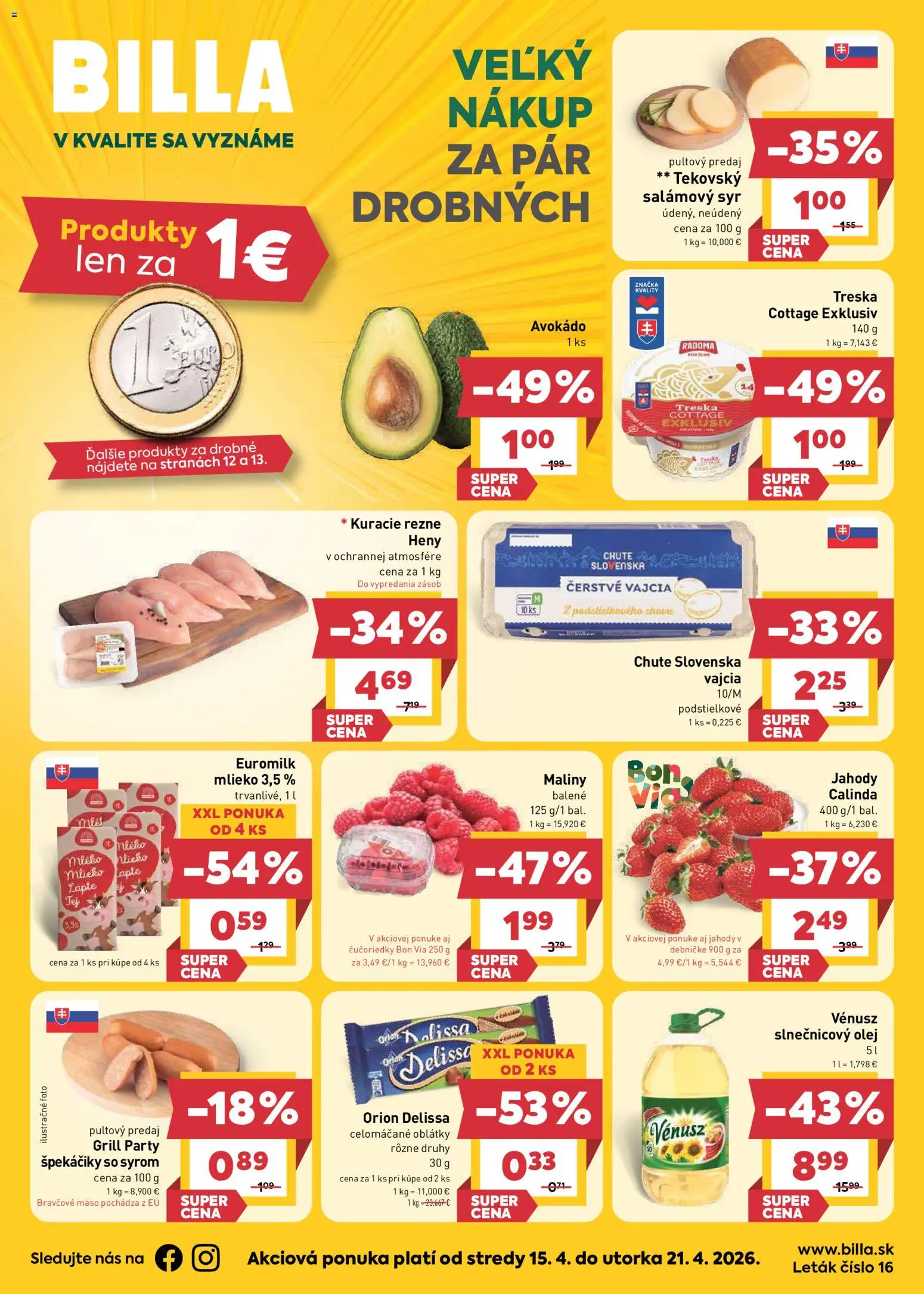 Nové Billa akcie – leták je platný od 15.04.2026 | Strana: 1 | Produkty: Syr, Vajcia, Olej, Maliny