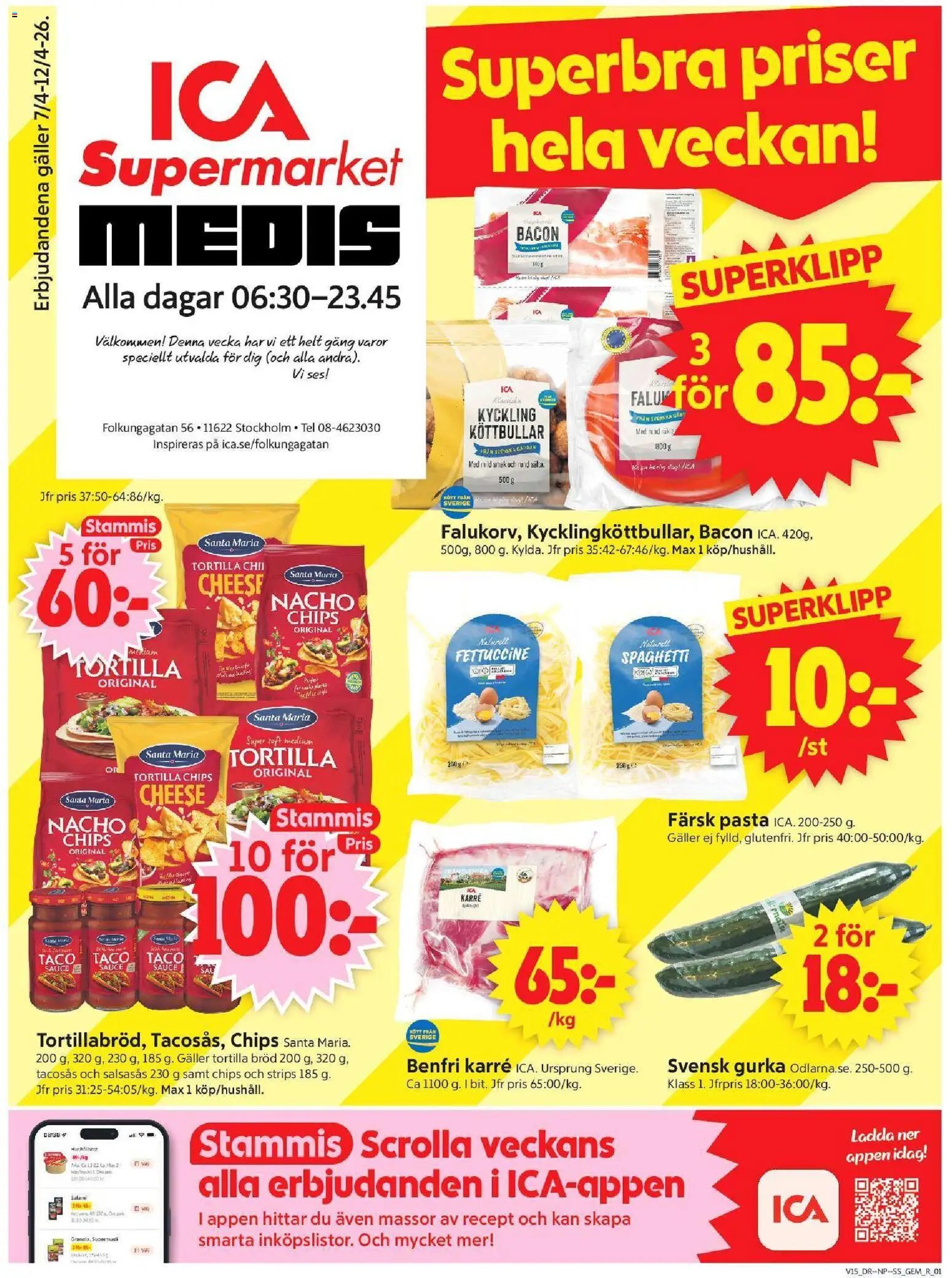ICA Supermarket reklamblad aktuell från 06.04.2026 | Sida: 1 | Produkter: Tacosås, Bröd, Pasta, Gurka