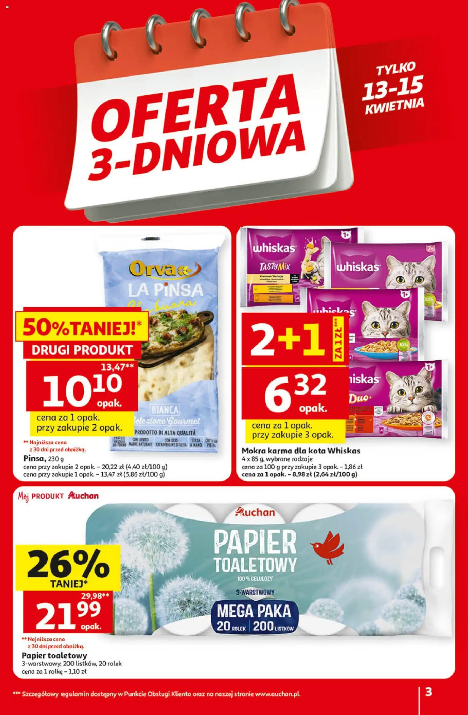 Auchan - Gazetka 30 Lat Hipermarket  od 09.04.2026 | Strona: 3 | Produkty: Papier toaletowy, Karma dla kota, Pinsa