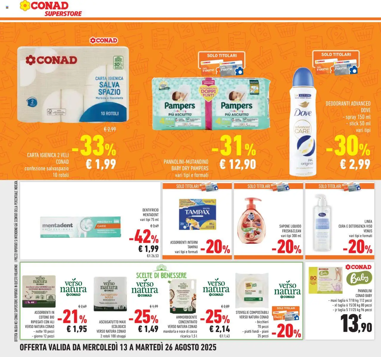 Volantino Conad del 13.08.2025 | Pagina: 24 | Prodotti: Pannolini, Pampers, Cocco, Asciugatutto