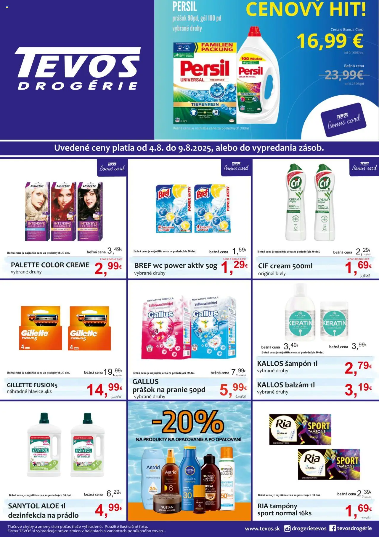 TEVOS drogérie leták │ platný od 04.08.2025 | Strana: 1 | Produkty: Sanytol, Šampón, Prášok na pranie, Cif