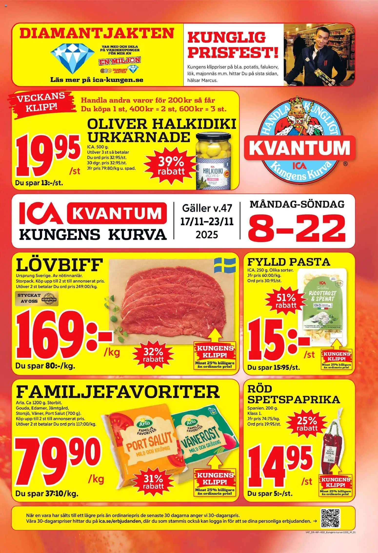 ICA Kvantum reklamblad aktuell från 17.11.2025 | Sida: 1 | Produkter: Oliver, Lövbiff, Majonnäs, Pasta
