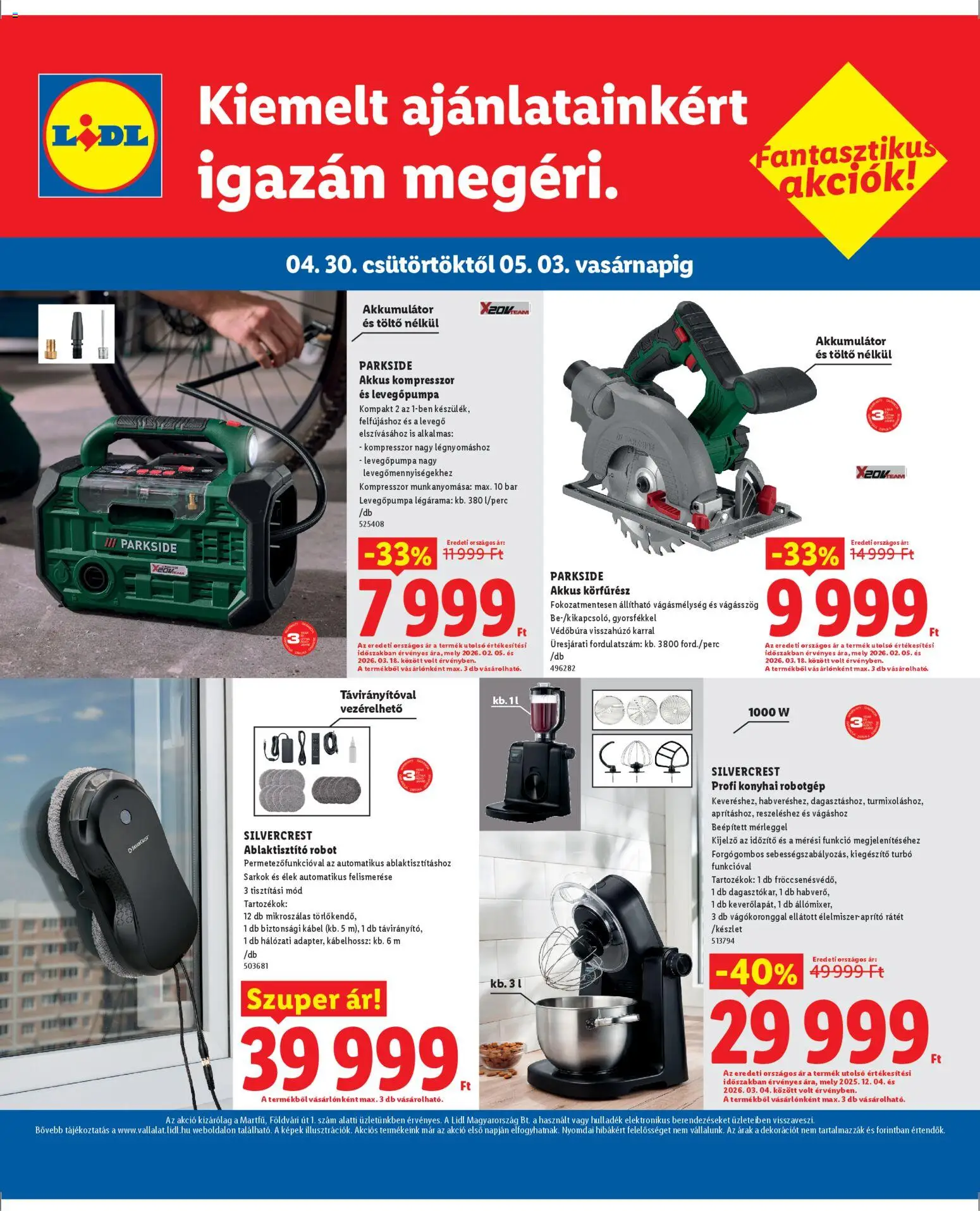 Lidl akciós ujság - amely érvényes a következő dátumtól: 30.04.2026 | Oldal: 4 | Termékek: Körfűrész, Robot, Akkumulátor, Konyhai robotgép