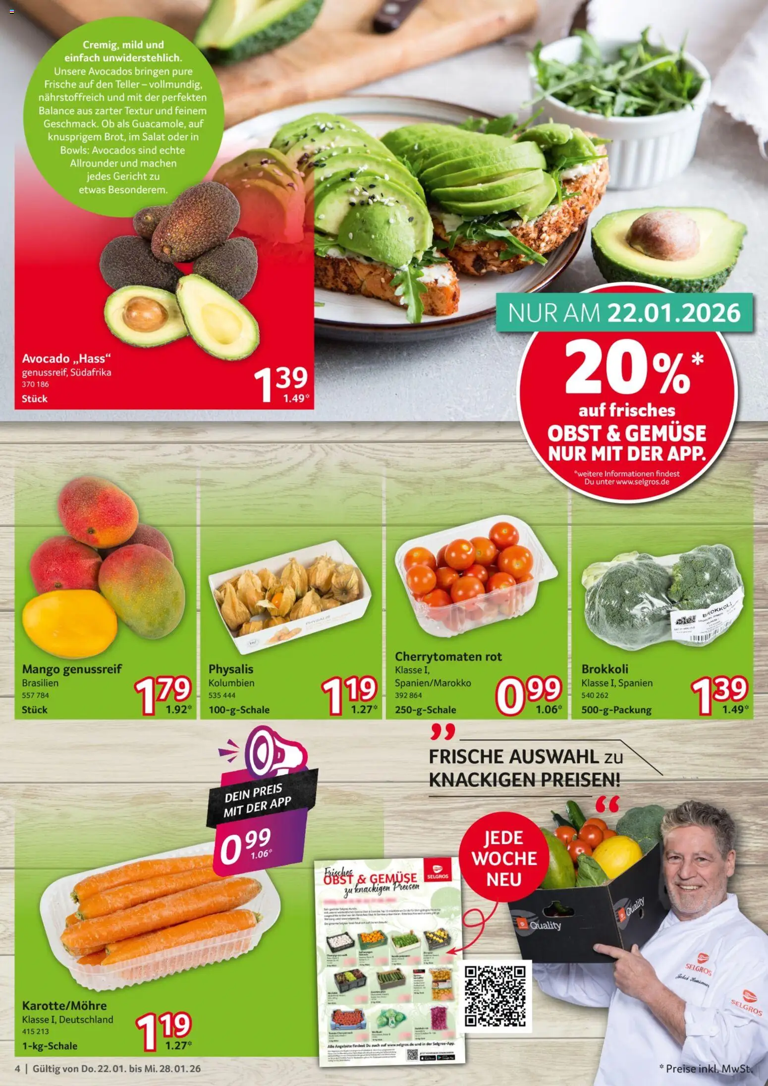 Selgros Prospekt 	 – gültig ab 22.01.2026 | Seite: 4 | Produkte: Avocado, Obst, Brokkoli, Mango