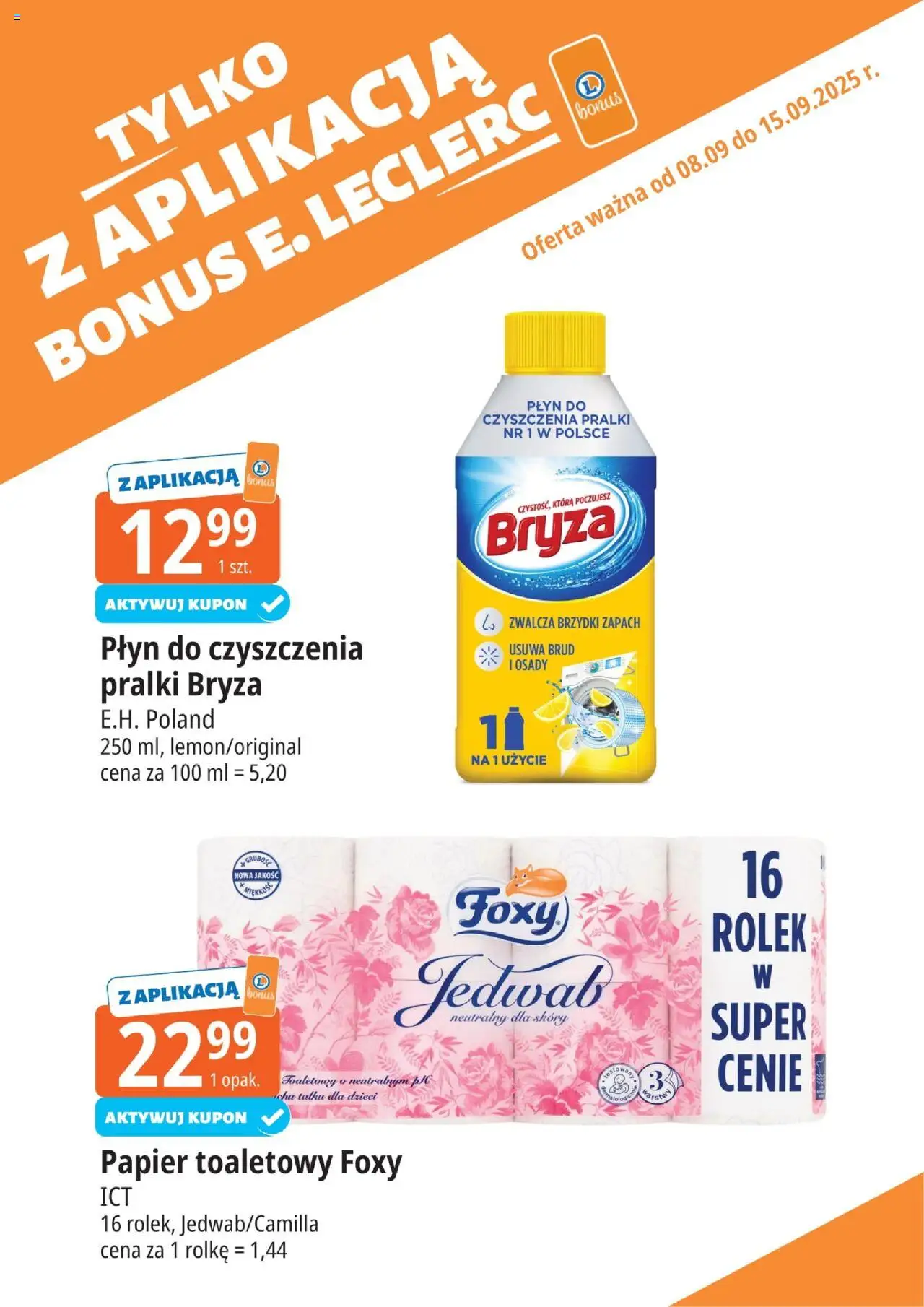 E.Leclerc Gazetka - Elbląg kupony dodatkowe od 08.09.2025 | Strona: 9 | Produkty: Papier toaletowy, Płyn do czyszczenia pralki, Zapach