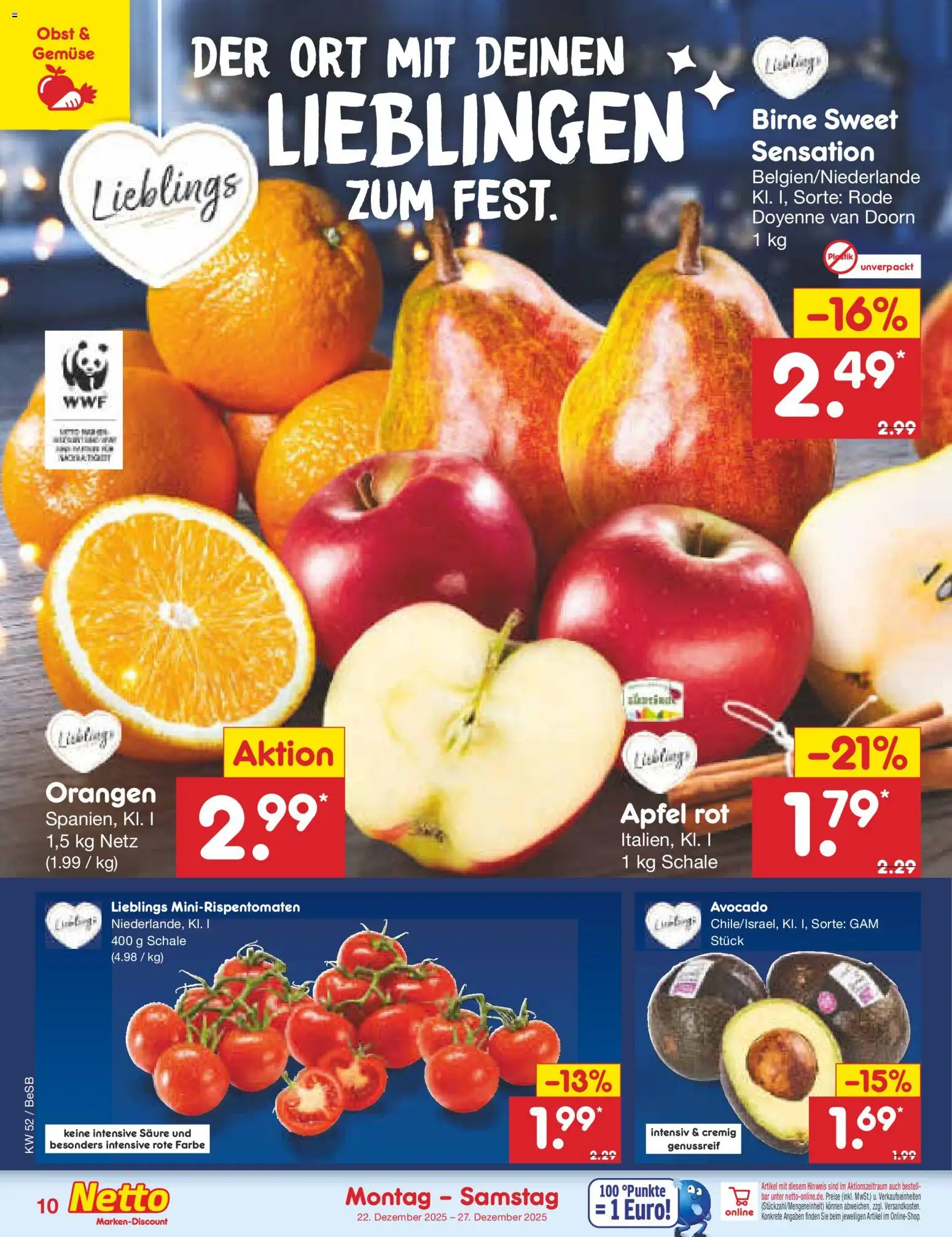 Netto Marken-Discount Prospekt 	 – gültig ab 22.12.2025 | Seite: 10 | Produkte: Orangen, Gemüse, Obst, Birne