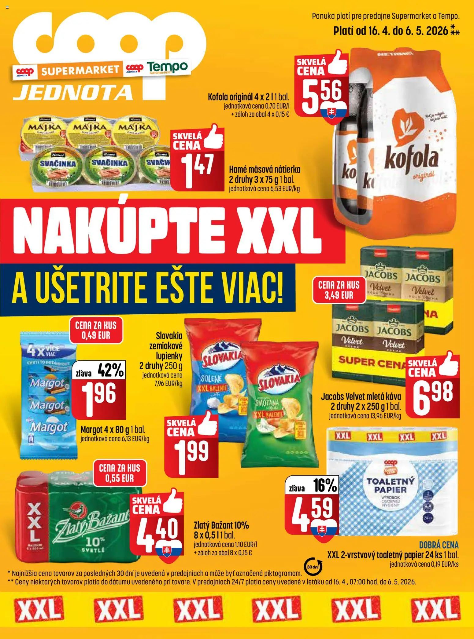 Nové COOP Jednota akcie – leták je platný od 16.04.2026 | Strana: 1 | Produkty: Jacobs Velvet, Káva, Kofola, Zlatý Bažant