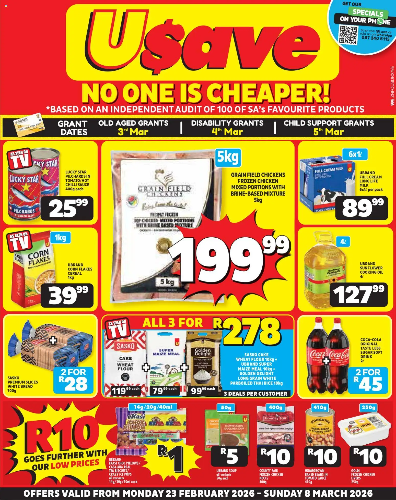 New Usave catalogue – valid from 23.02.2026 | Page: 1 | Products: Cake, Corn, Flour, Phone