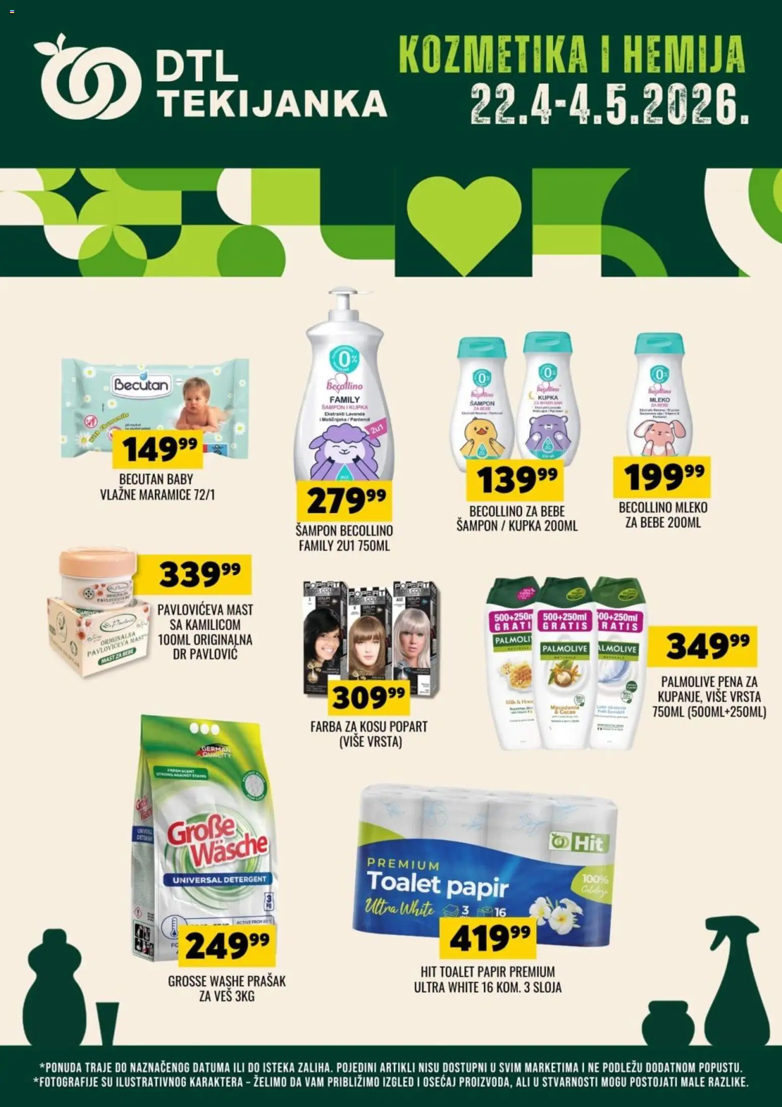 Tekijanka katalog - važi od 22.04.2026 | Strana: 1 | Proizvode: Toalet papir, Palmolive, Šampon, Pavloviceva mast