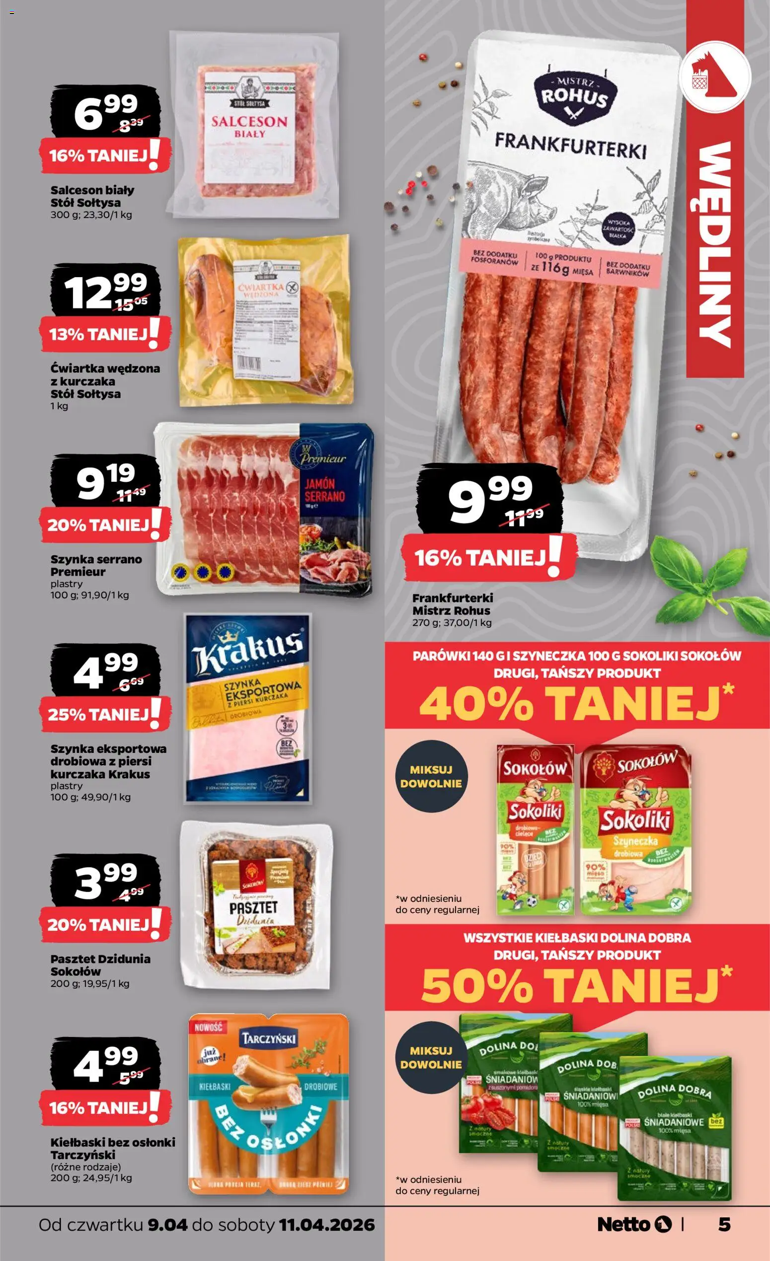 Netto gazetka od czwartku spożywcza od 09.04.2026 | Strona: 5 | Produkty: Piersi, Frankfurterki, Parówki, Szynka