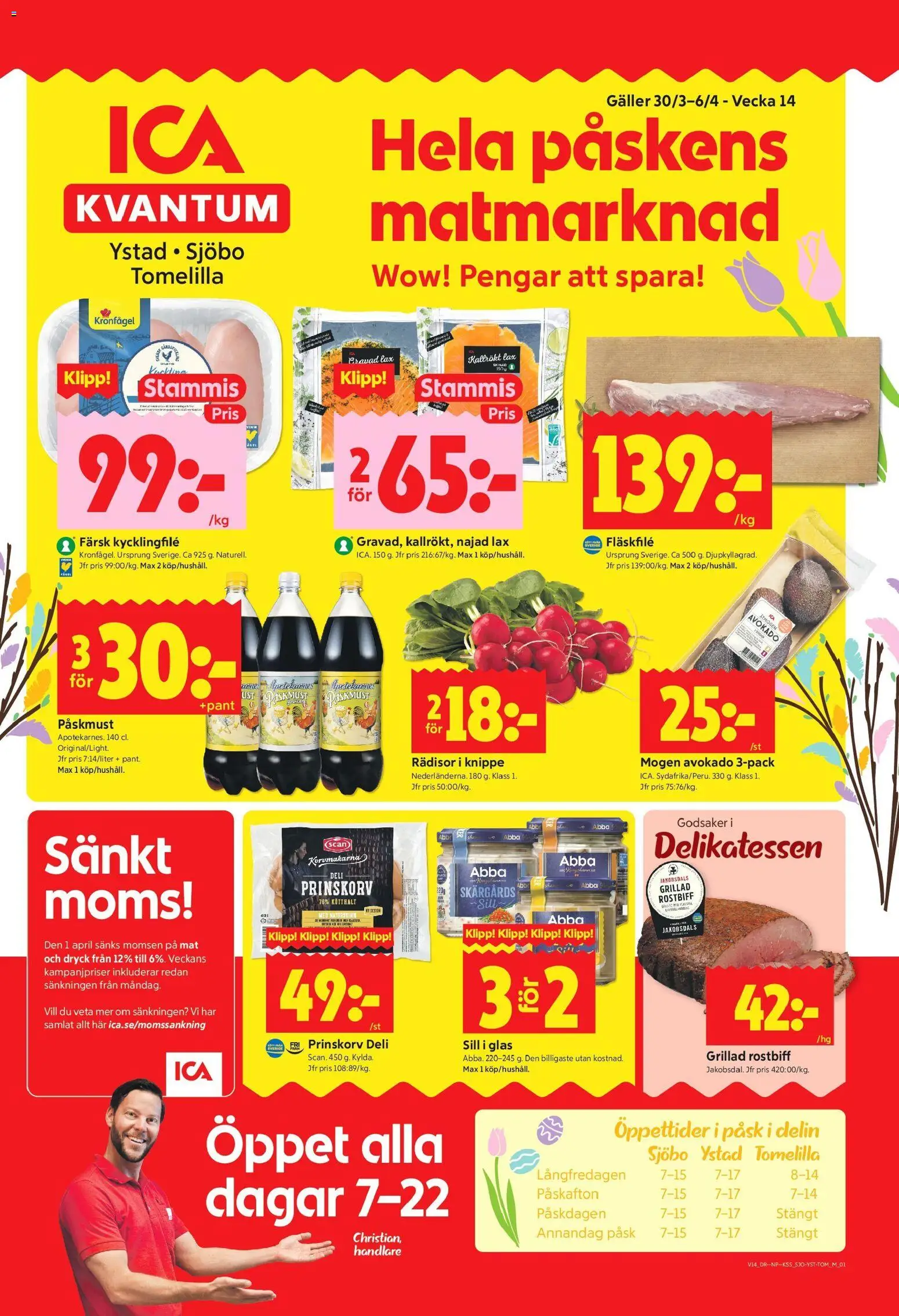 ICA Kvantum reklamblad aktuell från 30.03.2026 | Sida: 1 | Produkter: Prinskorv, Kycklingfile, Galler, Lax