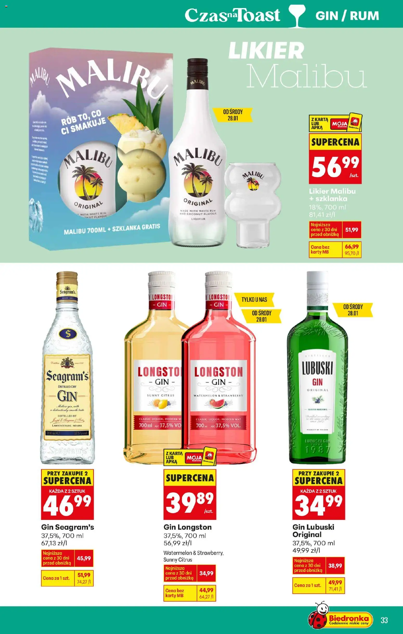 Biedronka gazetka - Czas na toast od 26.01.2026 | Strona: 33 | Produkty: Szklanka, Gin Seagram's, Gin Lubuski, Rum