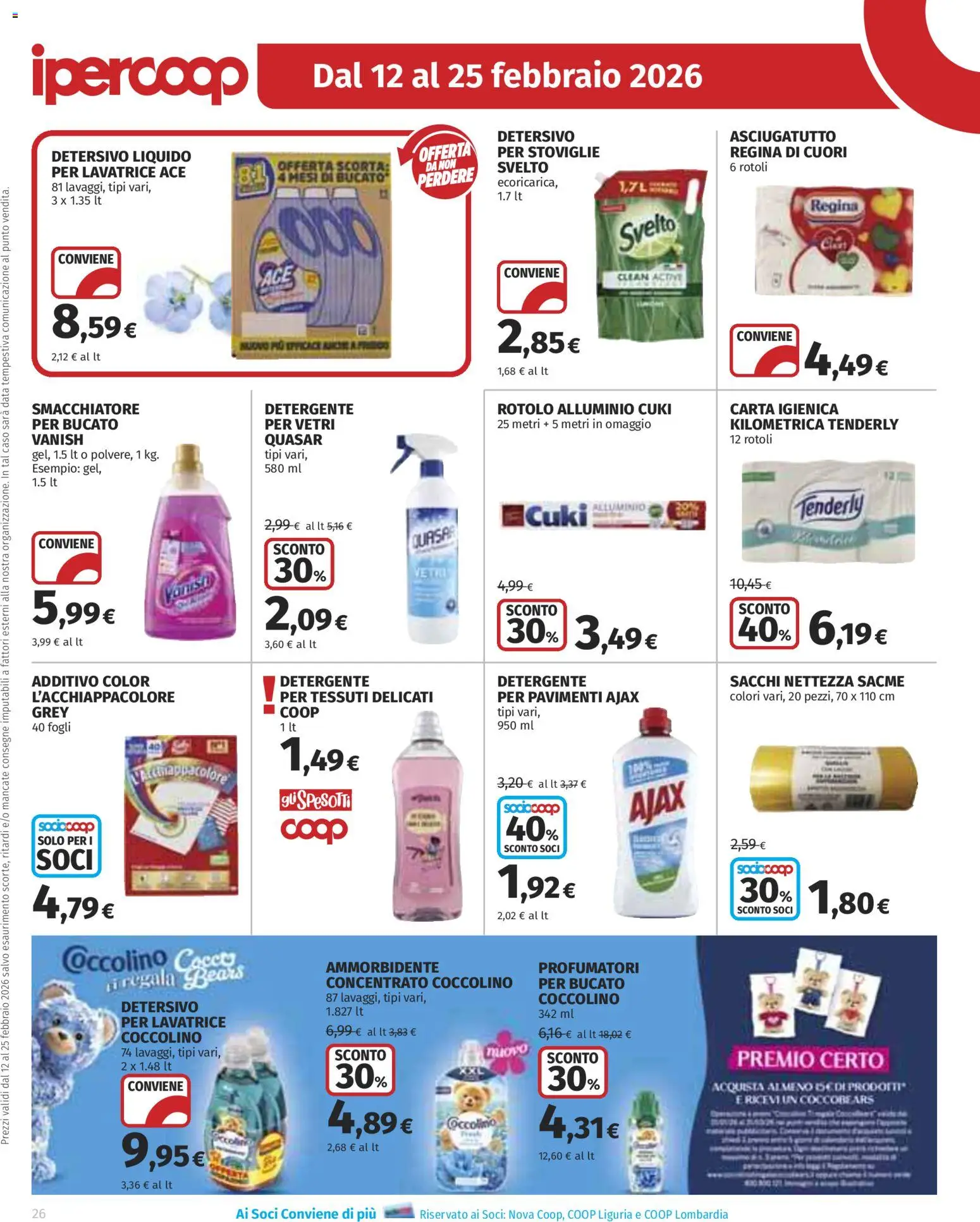 Volantino Ipercoop del 12.02.2026 | Pagina: 26 | Prodotti: Ammorbidente, Detergente, Lavatrice, Asciugatutto
