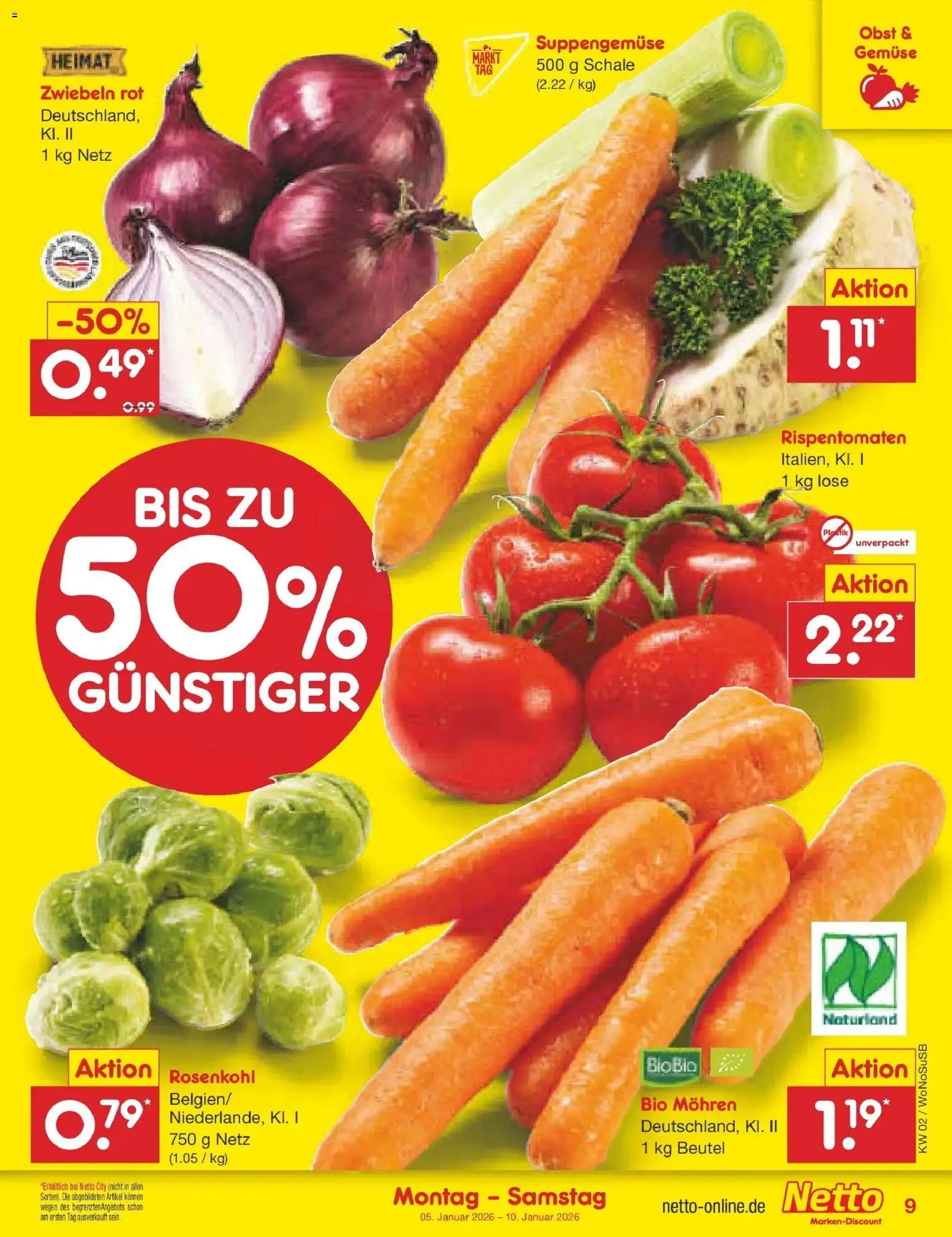Netto Marken-Discount prospekt Rodgau	 – gültig ab 05.01.2026 | Seite: 9 | Produkte: Mohren, Zwiebeln, Gemüse, Obst