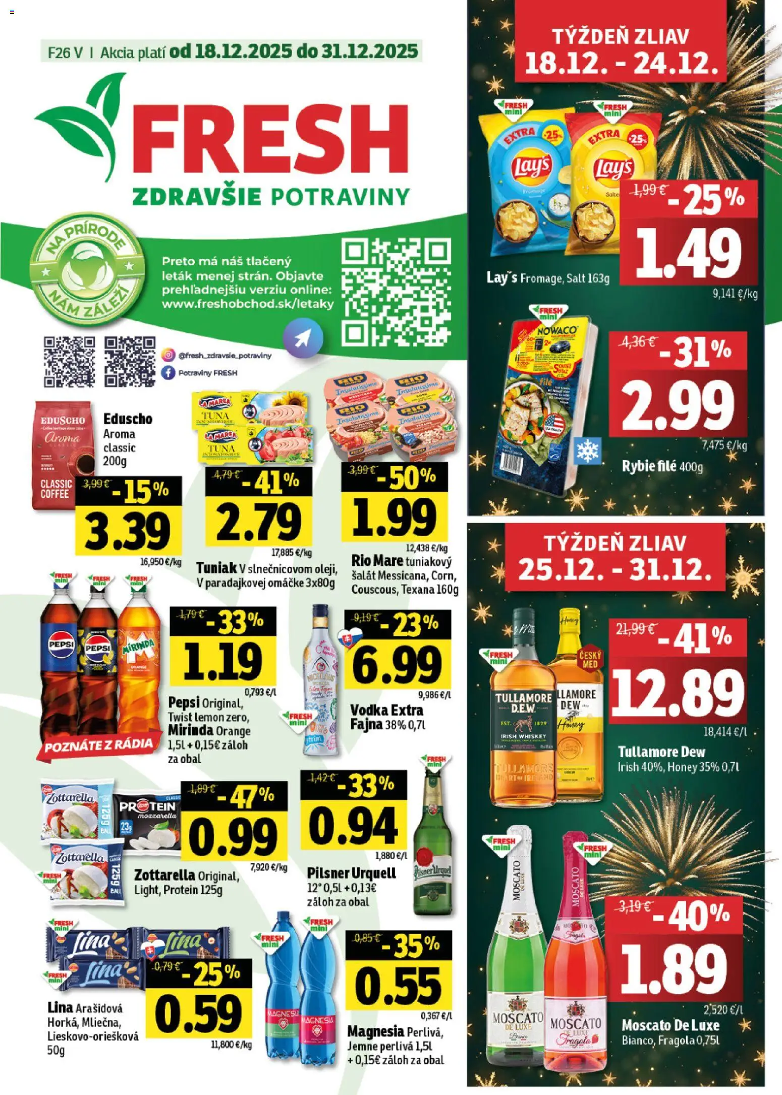 Nové Fresh akcie – leták je platný od 18.12.2025 | Strana: 1 | Produkty: Mozzarella, Protein, Rio Mare, Mirinda