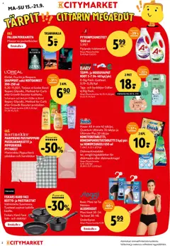 K-Citymarket tarjoukset – voimassa 15.09.2025 alkaen | Sivu: 2 | Tuotteet: Pyyhkeet, Keitto, Alushousut, Teippi
