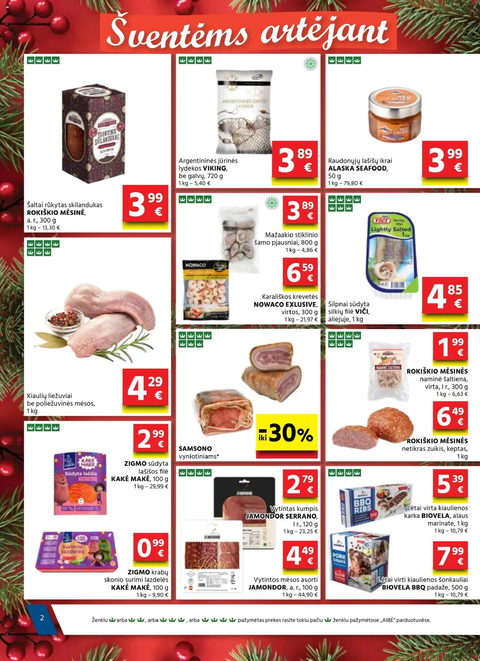AIBE akcijos nuo 18.12.2025 | Puslapis: 2 | Prekių: Lašišos, Kumpis, Vytintas kumpis, Ikrai