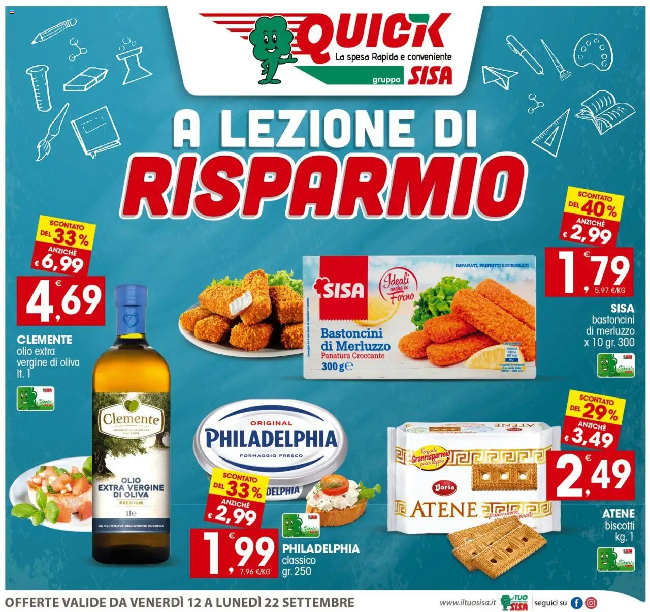 Volantino SISA del 12.09.2025 | Pagina: 1 | Prodotti: Merluzzo, Formaggio, Olio, Forno
