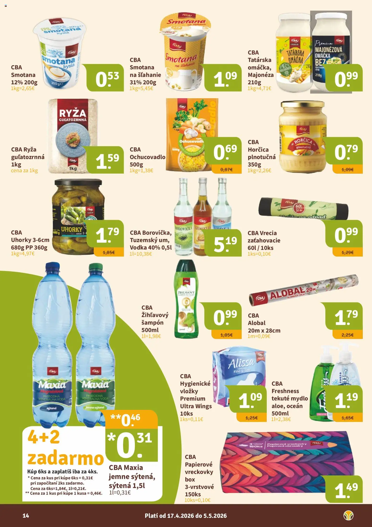 Nové Nitrazdroj akcie – leták je platný od 17.04.2026 | Strana: 14 | Produkty: Ryža, Smotana, Borovička, Uhorky