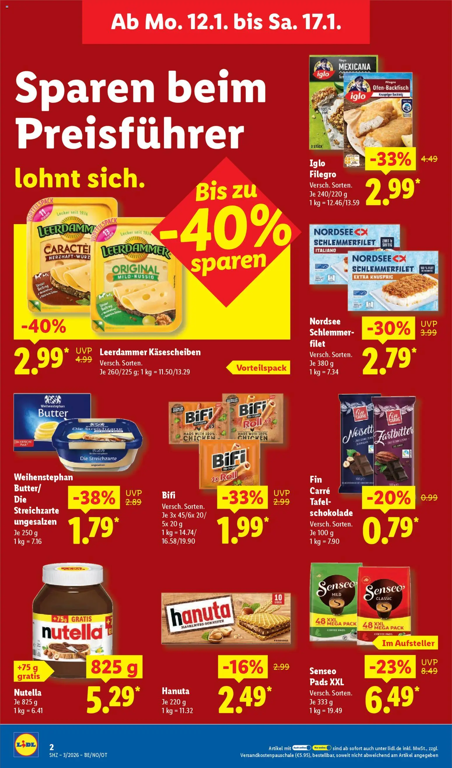 Lidl Prospekt Lüchow – gültig ab 12.01.2026 | Seite: 2 | Produkte: Butter, Schokolade, Bifi, Nutella