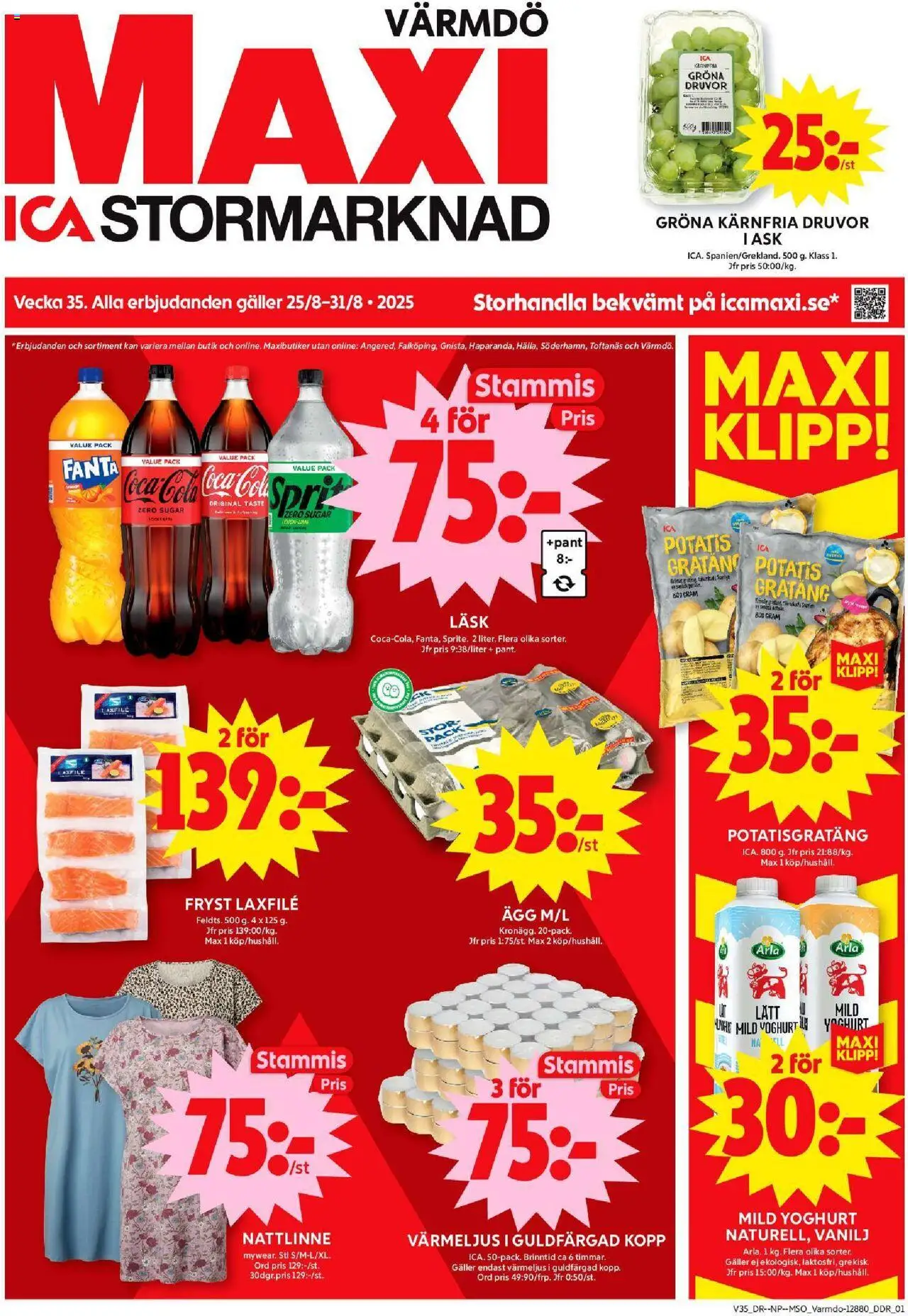 ICA Maxi reklamblad aktuell från 25.08.2025 | Sida: 1 | Produkter: Coca cola, Fanta, Ägg, Värmeljus