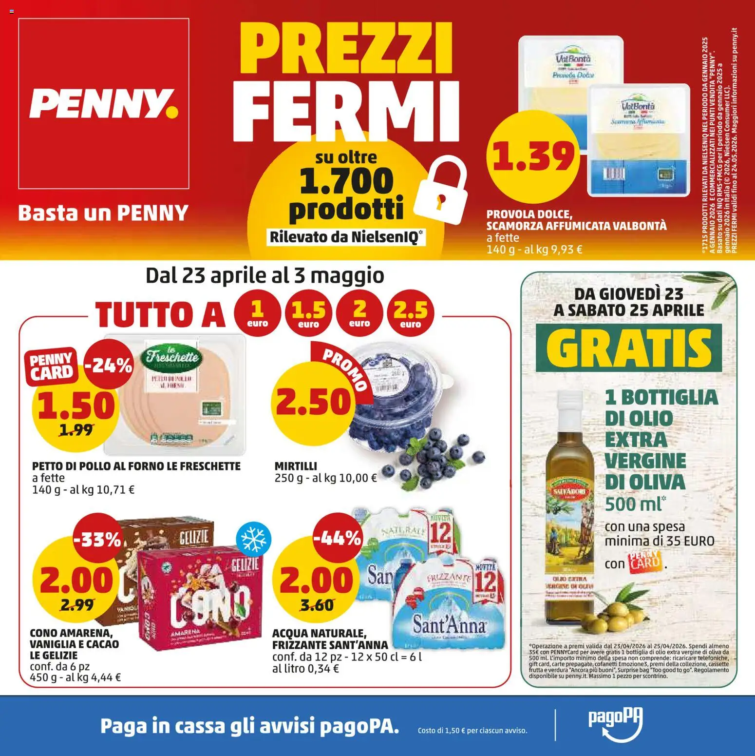 Volantino PENNY del 23.04.2026 | Pagina: 1 | Prodotti: Olio, Mirtilli, Provola, Olio extra vergine