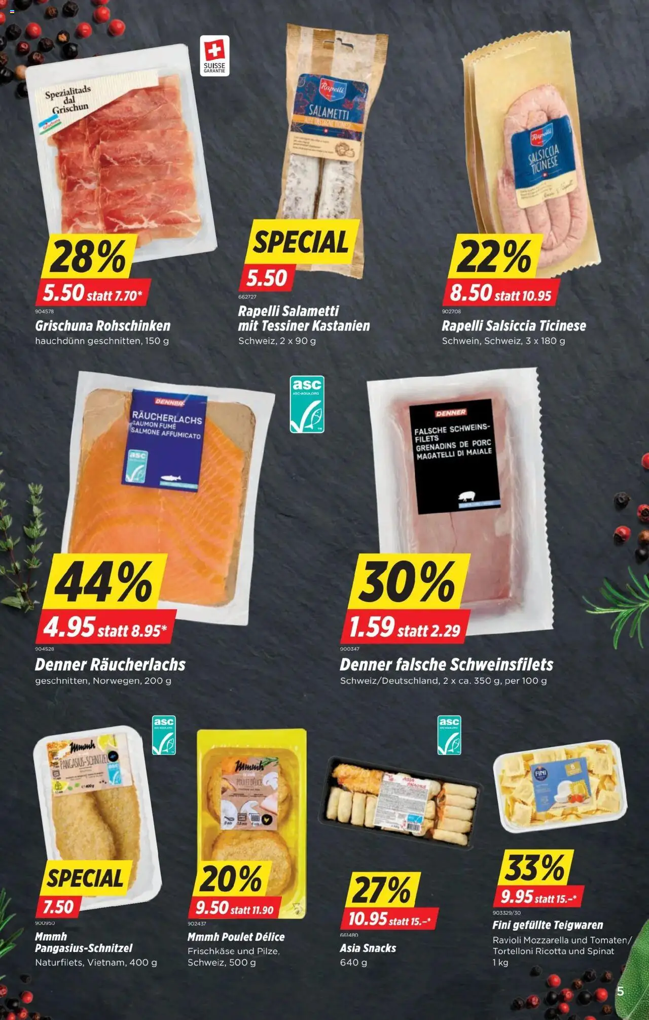 Denner Aktionen – gültig ab 07.10.2025 | Seite: 5 | Produkte: Räucherlachs, Salami, Teigwaren, Pasta