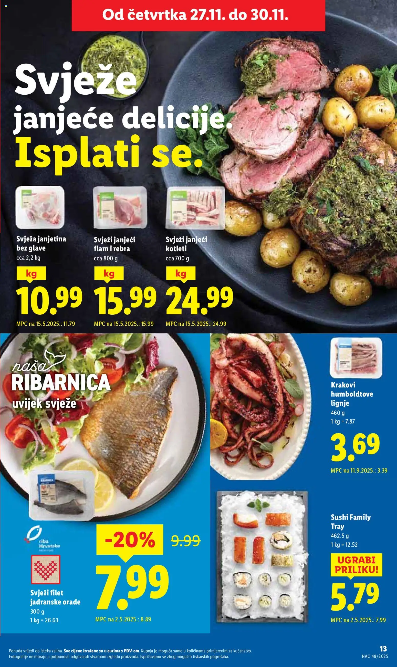Lidl katalog | vrijedi od 27.11.2025 | Stranica: 13 | Proizvodi: Janjetina, Riba, Lignje, Sushi