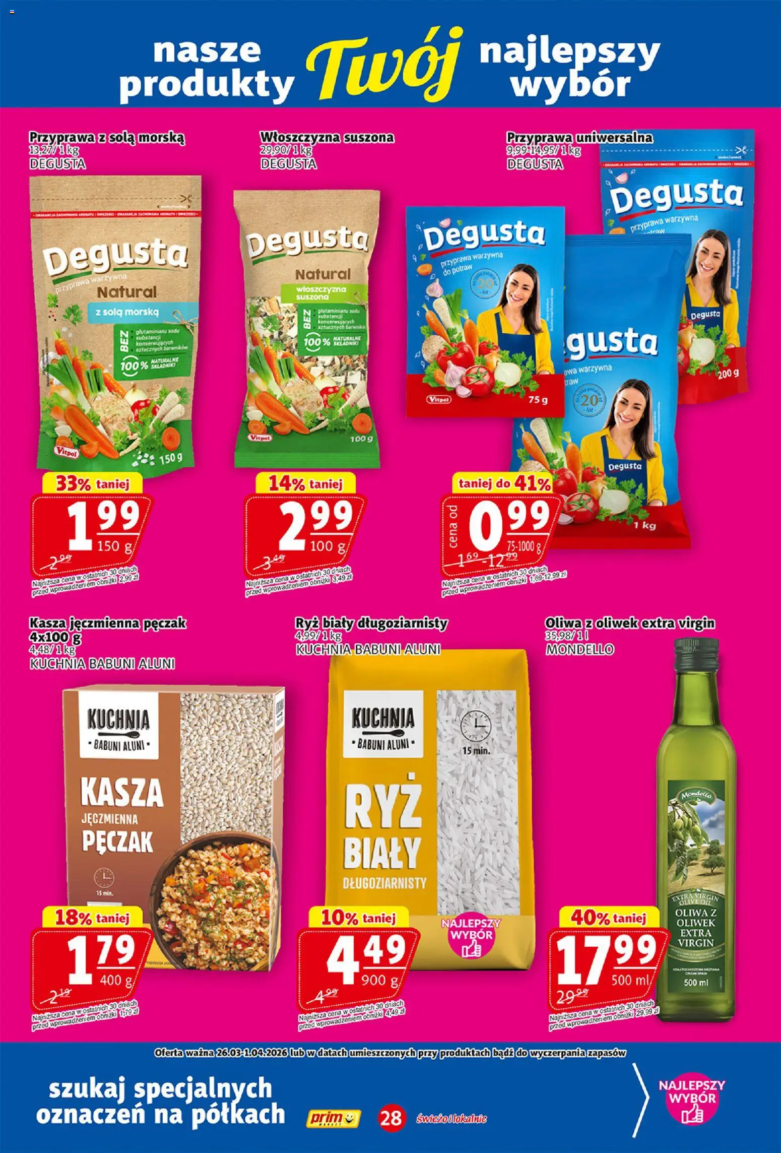 Prim Market gazetka od 26.03.2026 | Strona: 28 | Produkty: Oliwa z oliwek, Kasza jęczmienna, Oliwa z oliwek extra virgin, Ryż