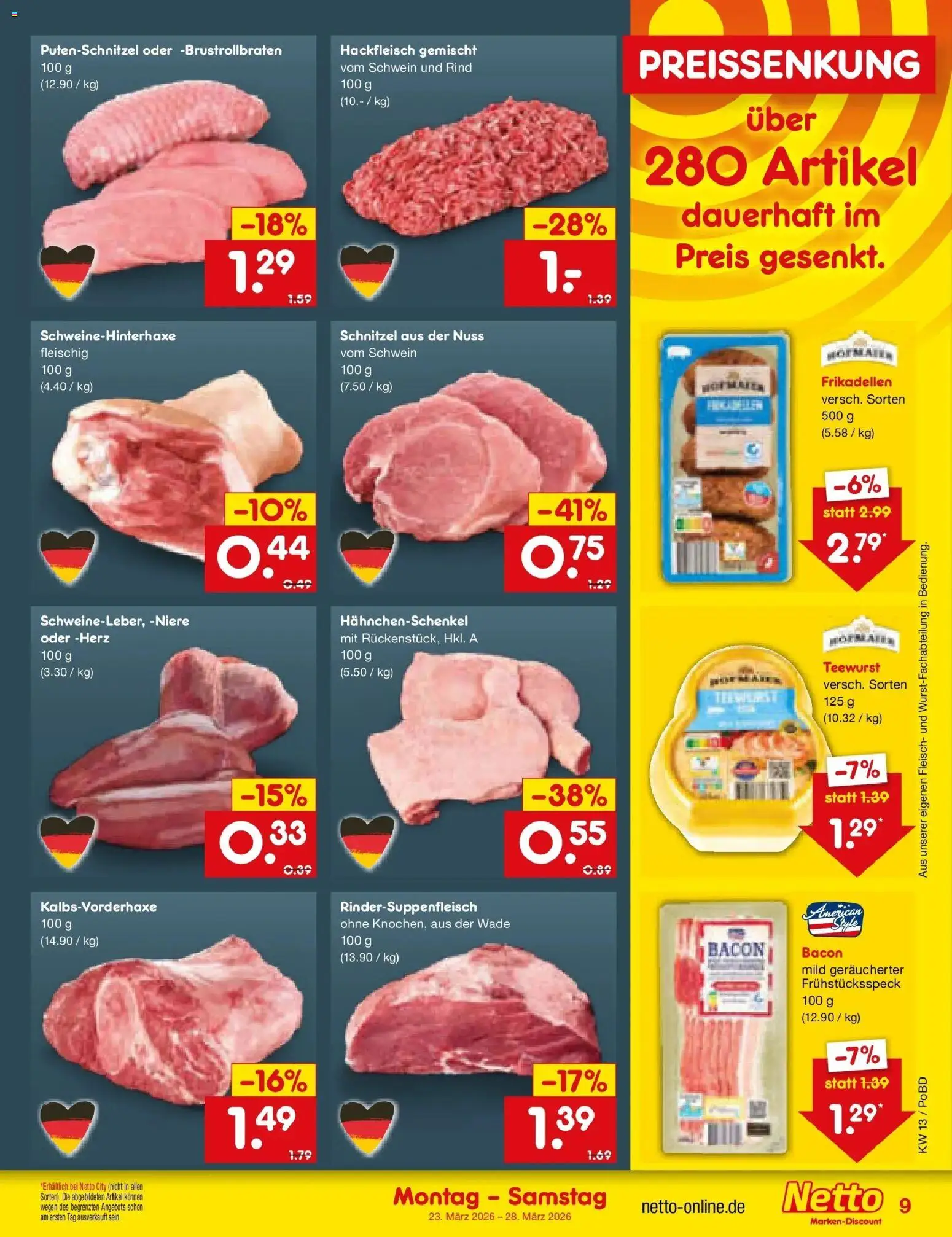 Netto Marken-Discount Prospekt Selb	 – gültig ab 23.03.2026 | Seite: 9 | Produkte: Hahnchenschenkel, Putenschnitzel, Fleisch, Hackfleisch