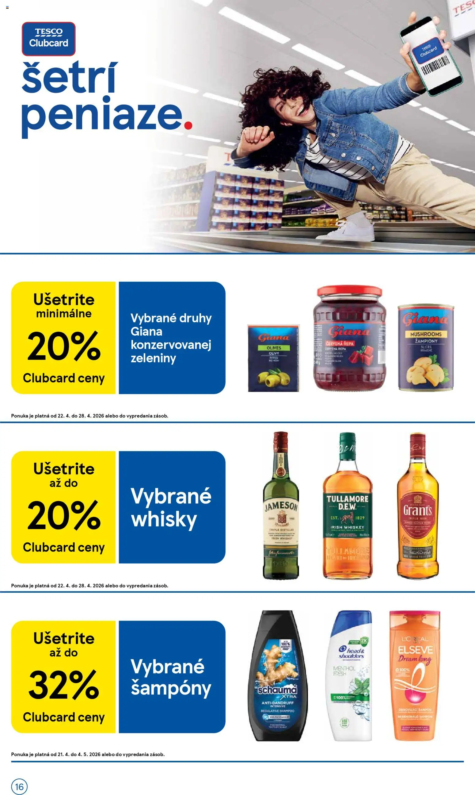 Nové Tesco akcie – leták je platný od 22.04.2026 | Strana: 16 | Produkty: Šampón, Whisky, Červená repa, Head & Shoulders