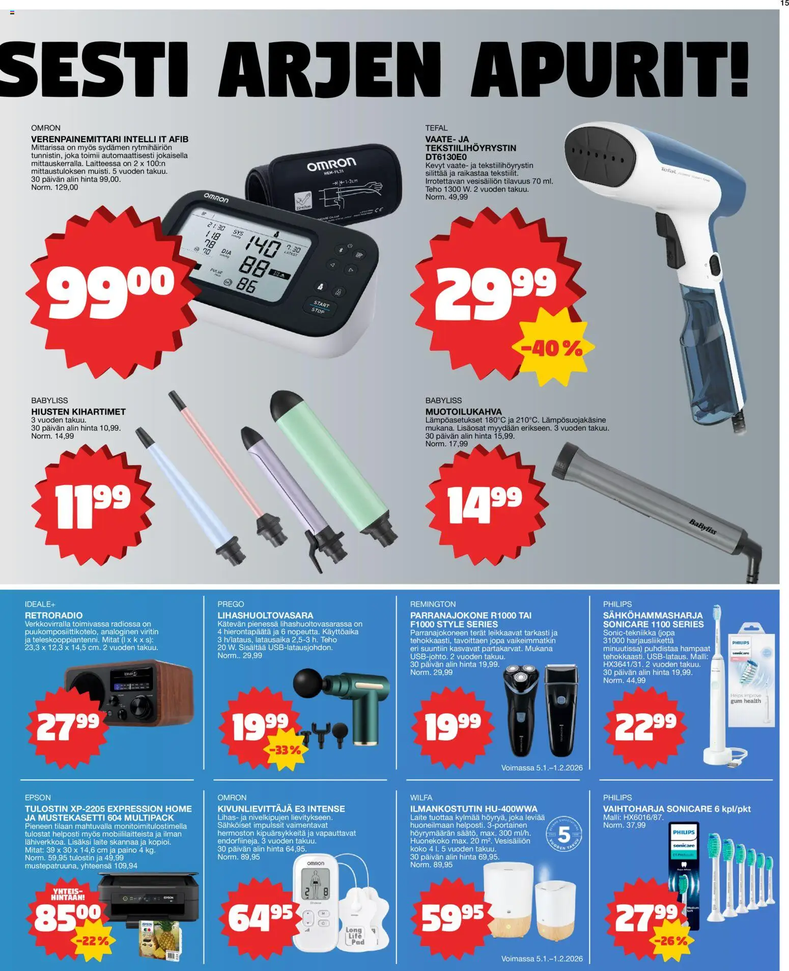 Tokmanni tarjoukset – voimassa 05.01.2026 alkaen | Sivu: 15 | Tuotteet: Parranajokone, Sähköhammasharja, Tulostin, Radio