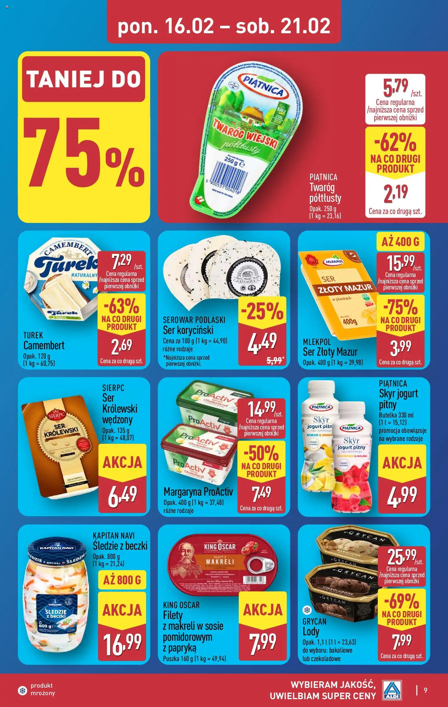 Aldi Polsko leták od 16.02.2026 | Strana: 9 | Produkty: Jogurt, Skyr jogurt, Skyr, Camembert