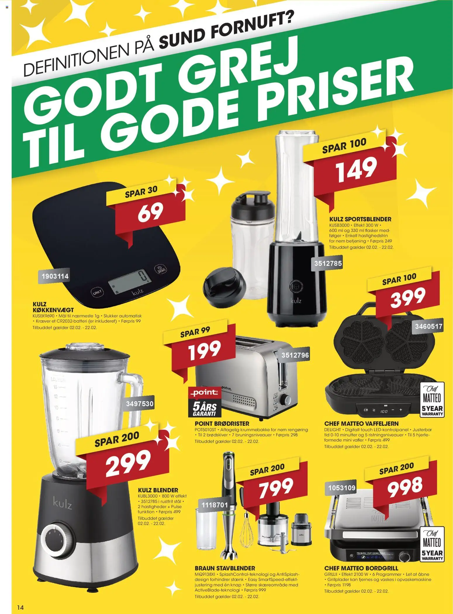 Punkt1 tilbudsavis – gyldig fra 02.02.2026 | Side: 14 | Produkter: Brødrister, Vafler, Opvaskemaskine, Køkkenvægt