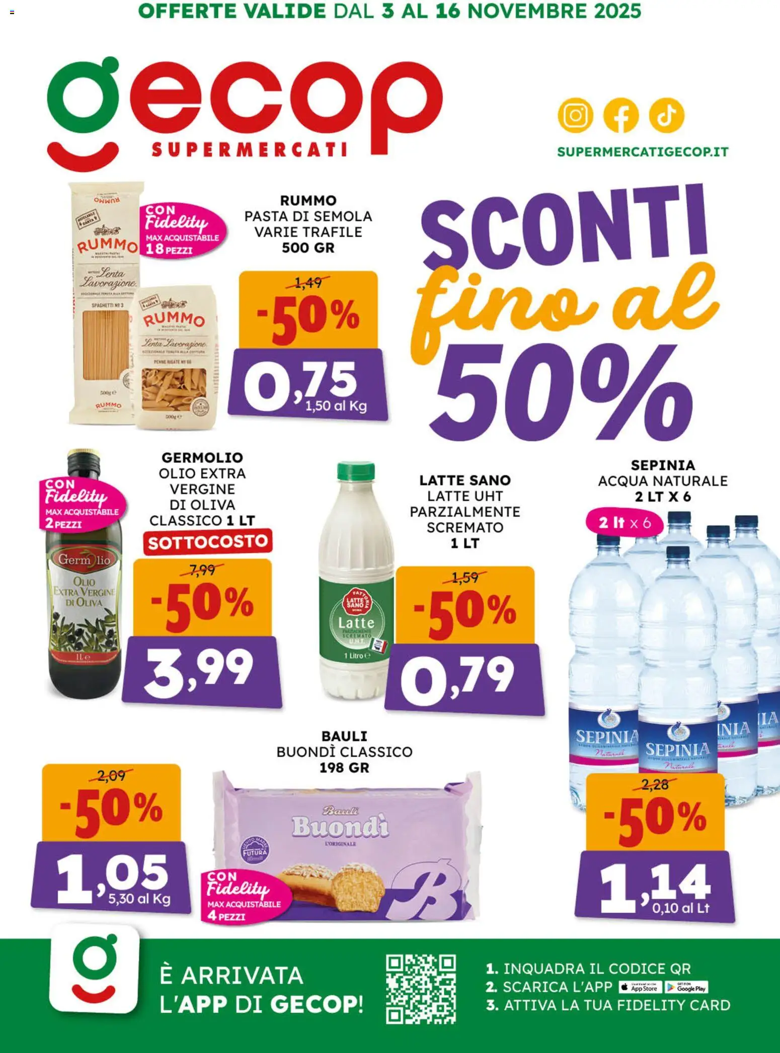Volantino GECOP del 03.11.2025 | Pagina: 1 | Prodotti: Acqua, Olio, Acqua naturale, Penne