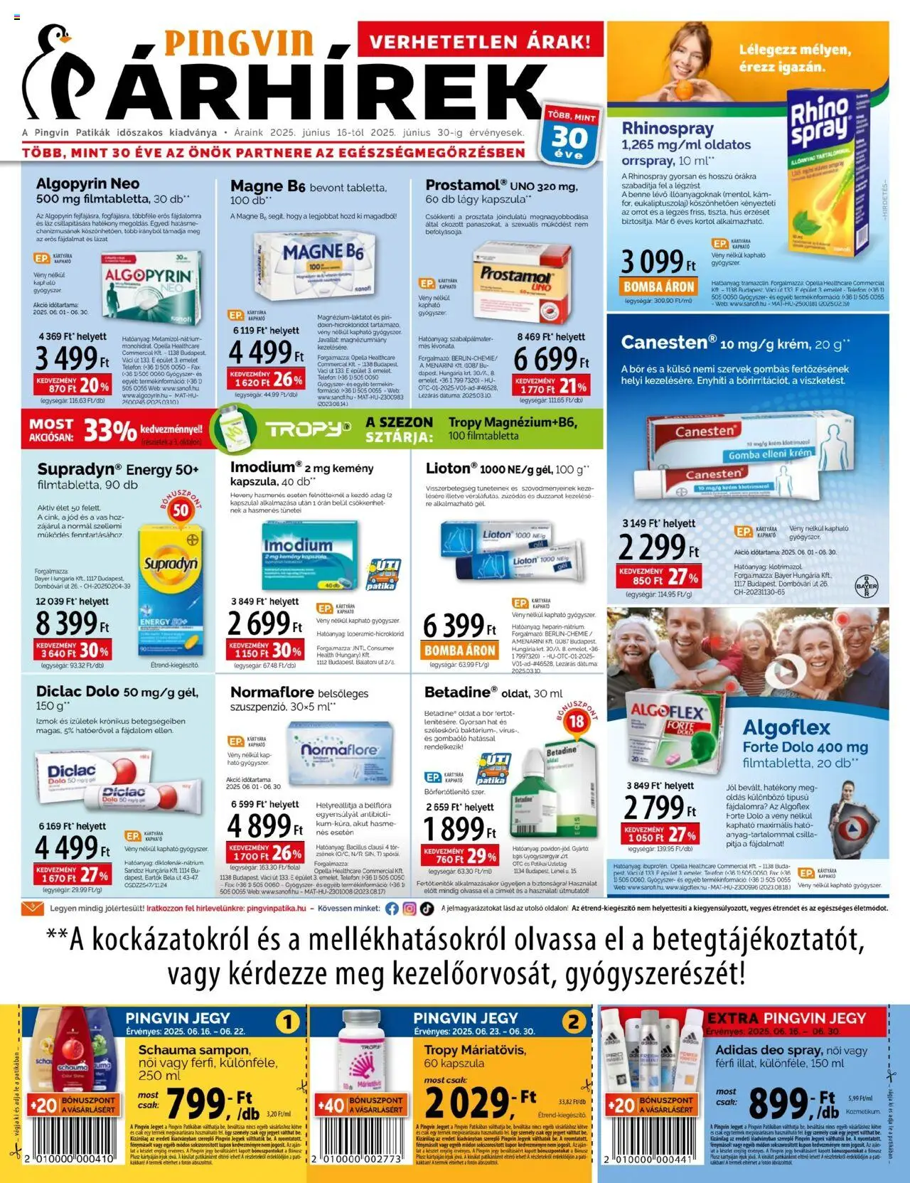 Pingvin Patika akciós ujság - amely érvényes a következő dátumtól: 16.06.2025 | Oldal: 1 | Termékek: Hús, Gomba, Bor, Multivitamin