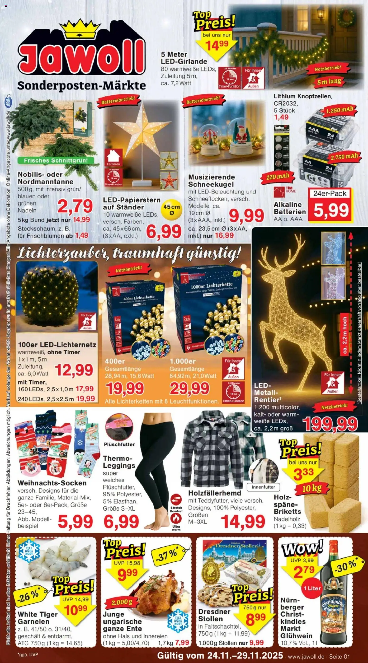 Jawoll Prospekt – gültig ab 24.11.2025 | Seite: 1 | Produkte: Batterien, Garnelen, Leggings, Ente