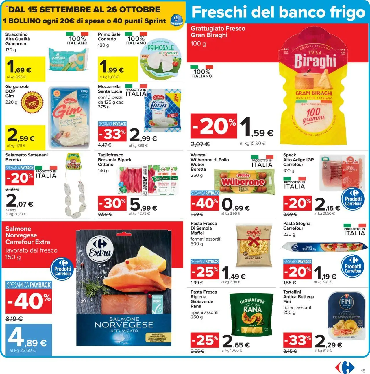 Volantino Carrefour del 10.10.2025 | Pagina: 15 | Prodotti: Bresaola, Sale, Prosciutto, Pasta